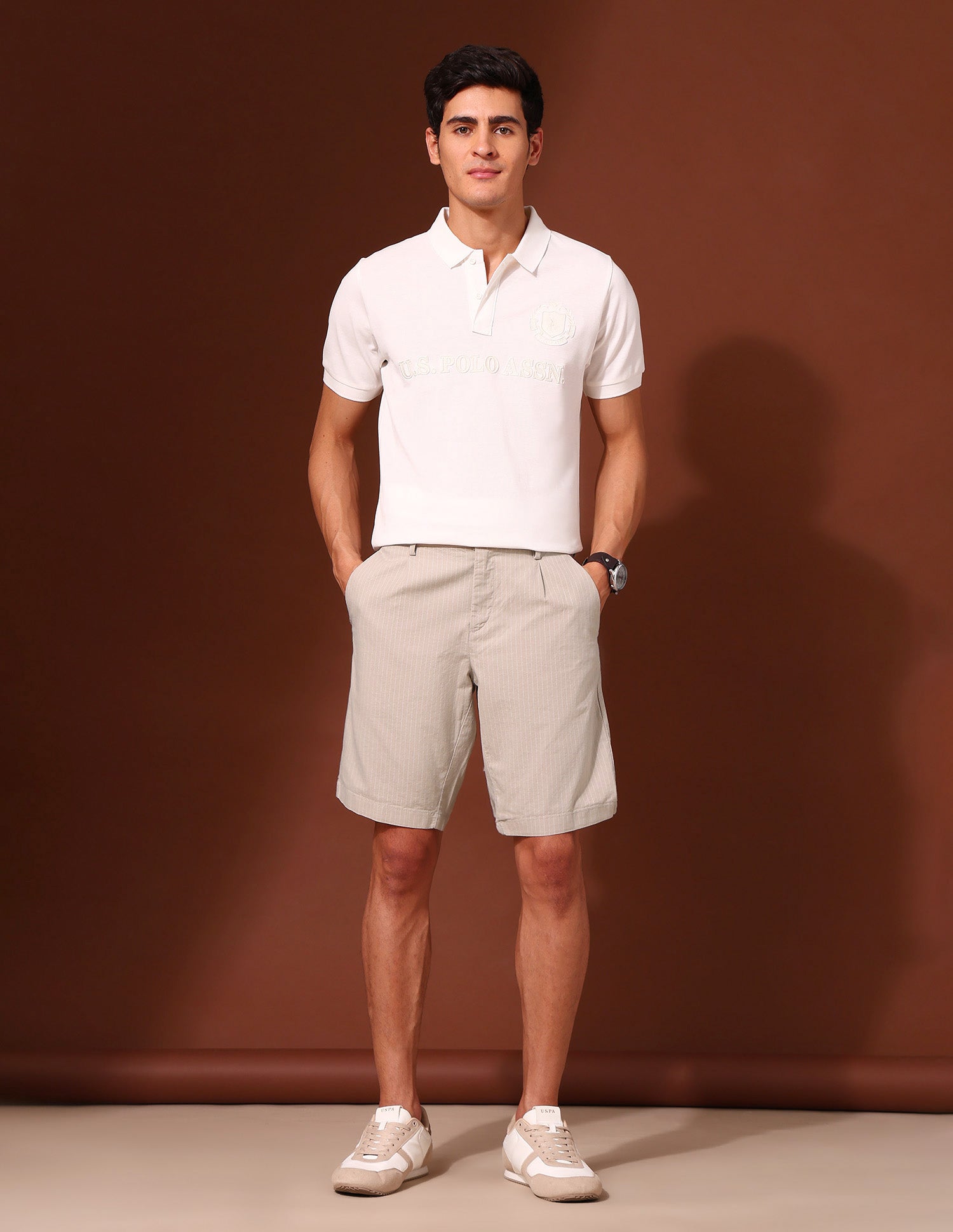 Vertical Striped Slim Fit Chino Shorts Beige - U.S. Polo Assn. India | Large