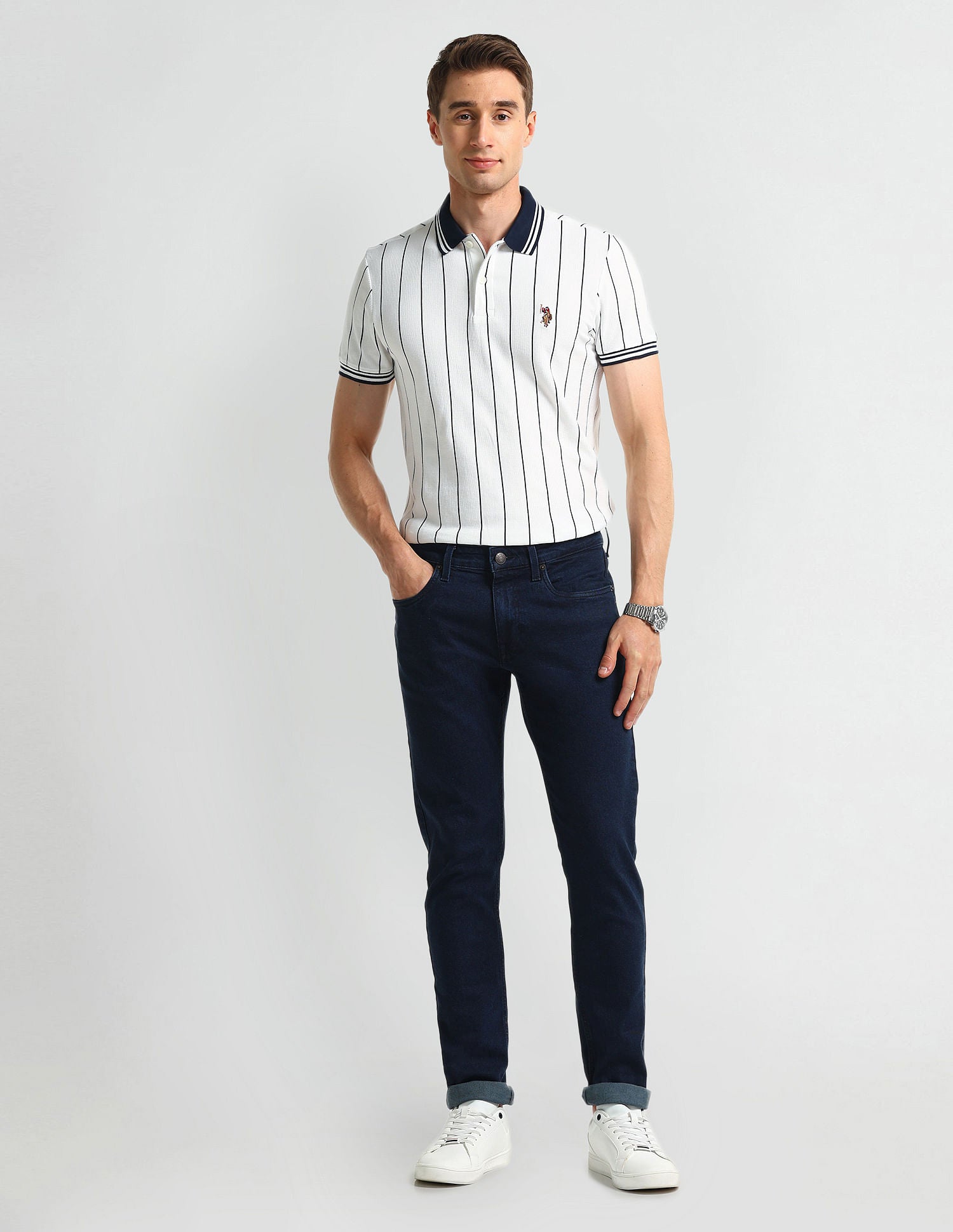 Muscle Fit Striped Polo Shirt White - U.S. Polo Assn. India | Large