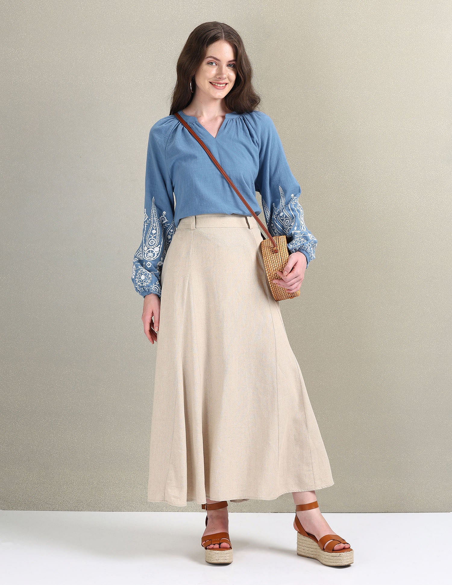 Cotton Flax Embroidered Blouson Top Blue - U.S. POLO ASSN. | Large