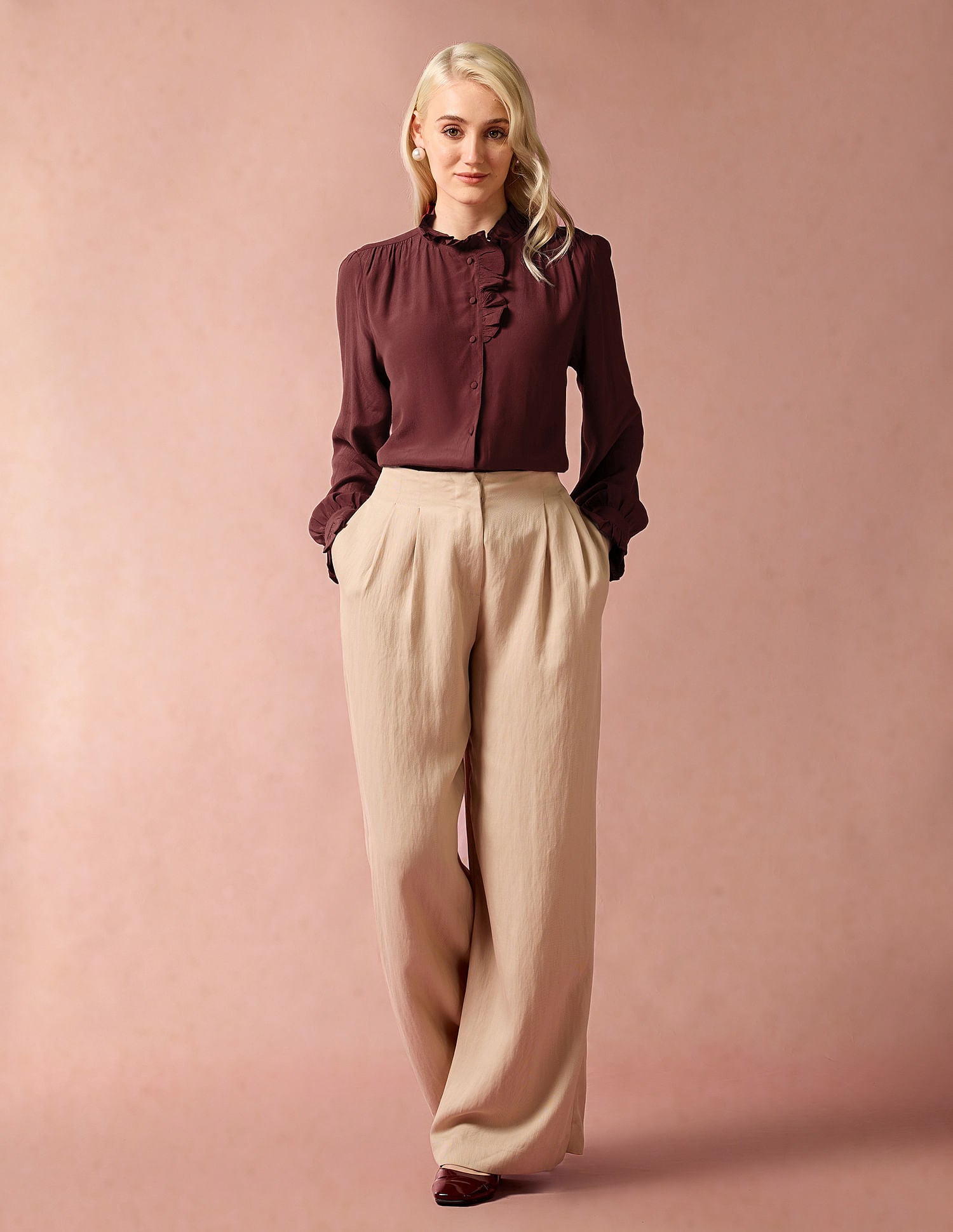 Ruffle Neck Regular Fit Top Maroon - U.S. POLO ASSN. | Large