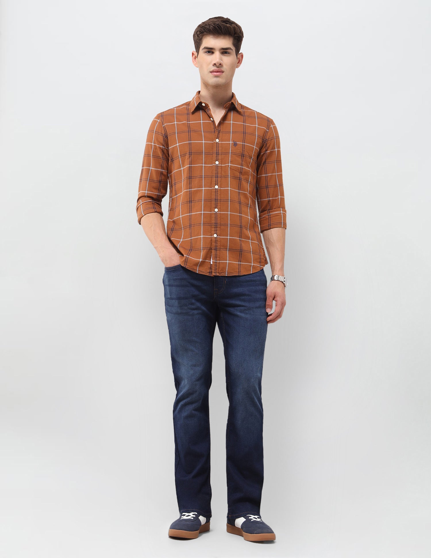 Grid Tattersall Checked Poplin Shirt Brown - U.S. Polo Assn. India | Large