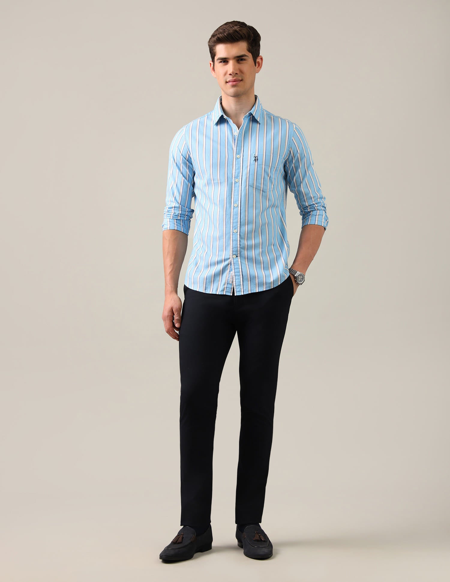 Vertical Striped Twill Shirt Blue - U.S. Polo Assn. India | Large