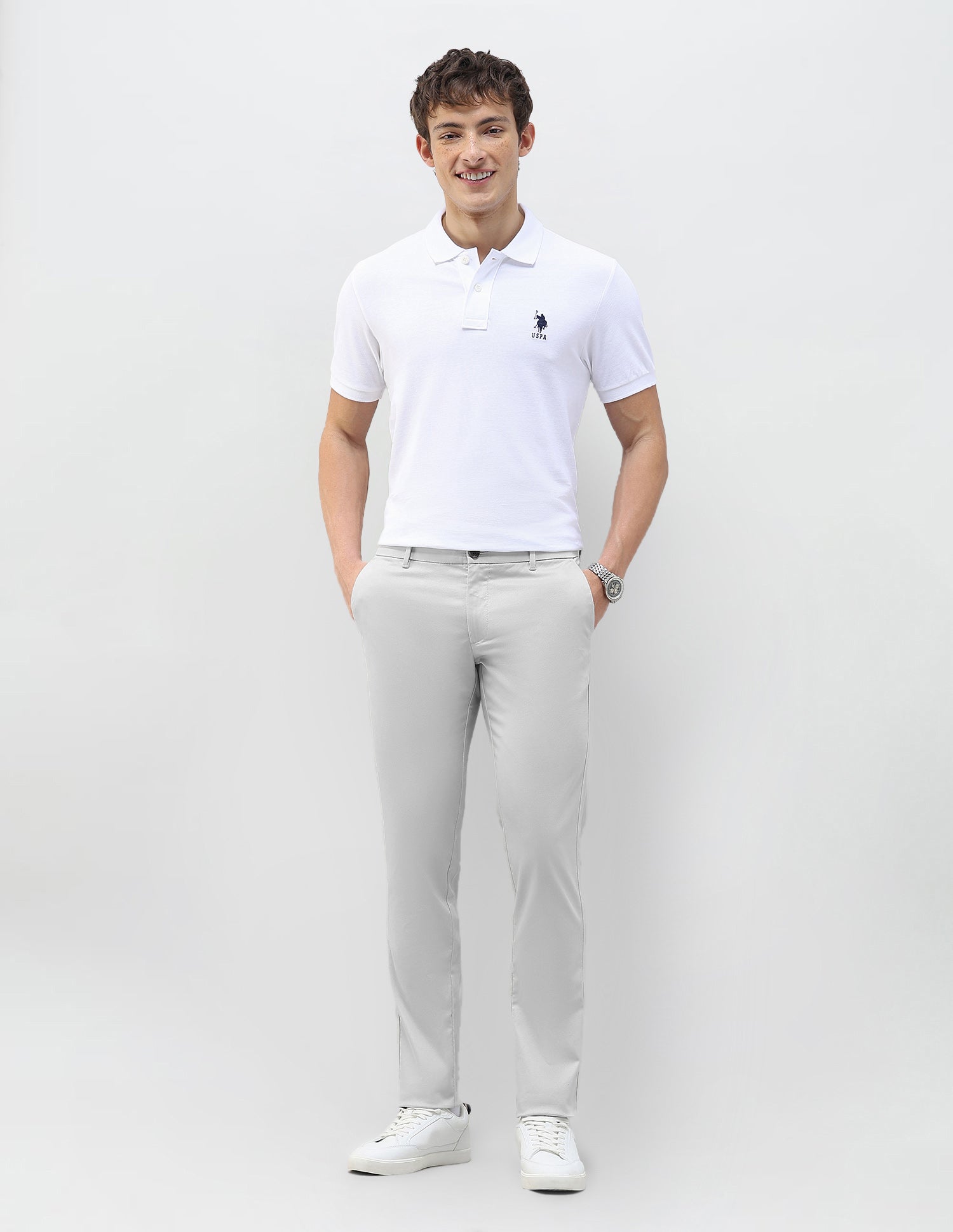 Denver Slim Fit Dobby Trousers Light Grey - U.S. Polo Assn. India | Large