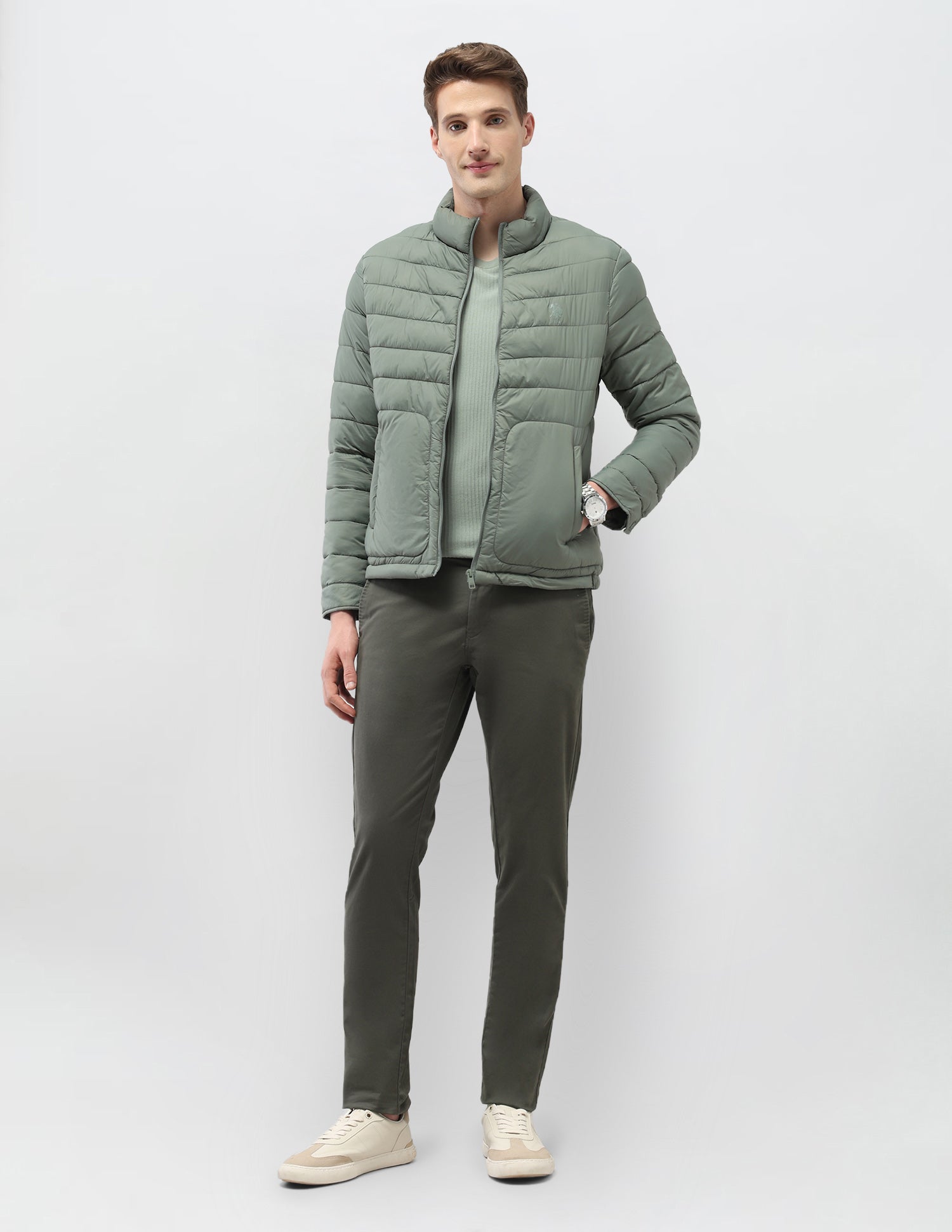 Solid Regular Fit Puffer Jacket Green - U.S. Polo Assn. India | Large