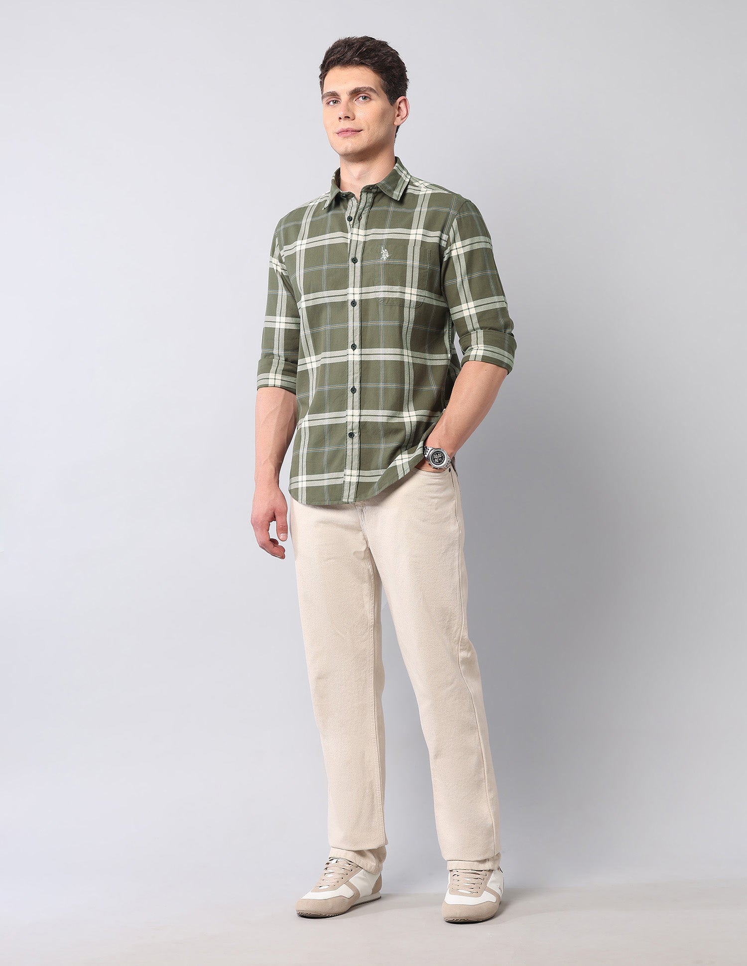Regular Fit Twill Pure Cotton Shirt Light Olive - U.S. Polo Assn. India | Large