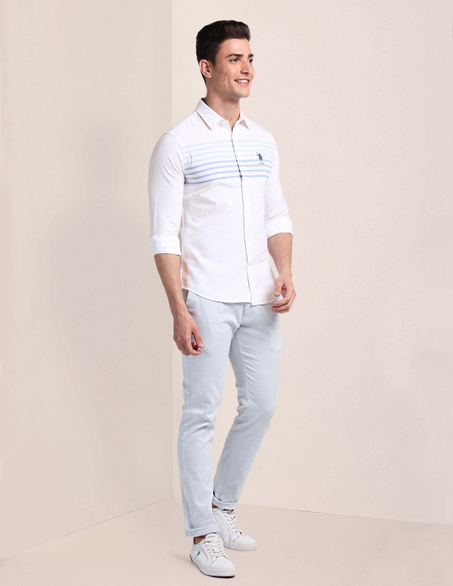 Premium Cotton Oxford Shirt White and Blue - U.S. Polo Assn. India | Large