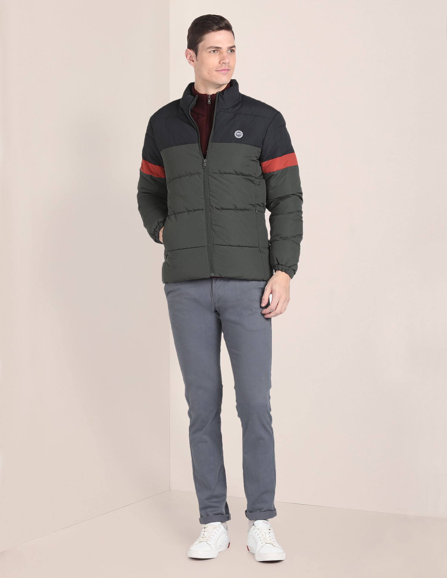 High Neck Colour Block Jacket Olive - U.S. Polo Assn. India | Large