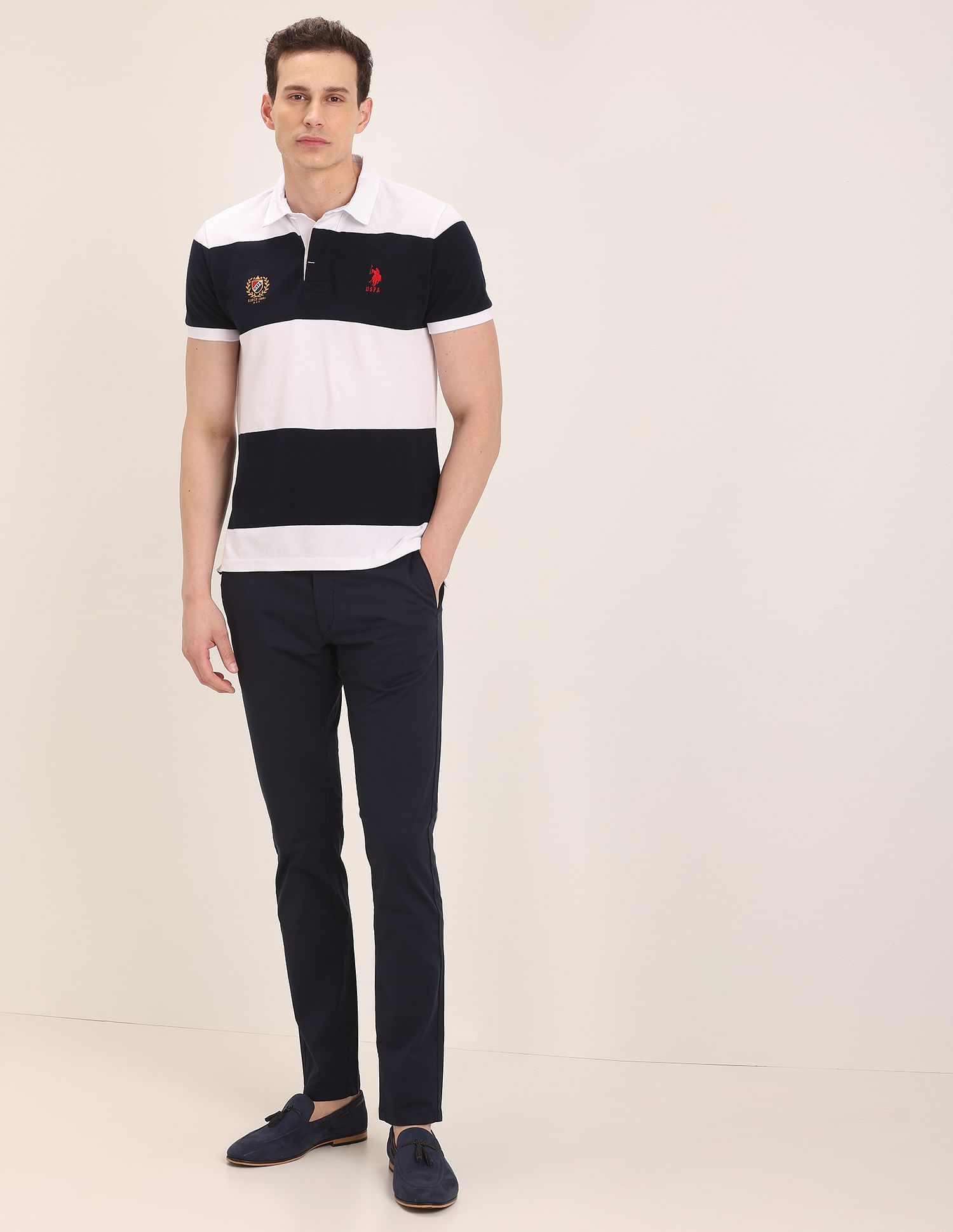 Rugby Stripe Polo Shirt White and Navy - U.S. Polo Assn. India | Large