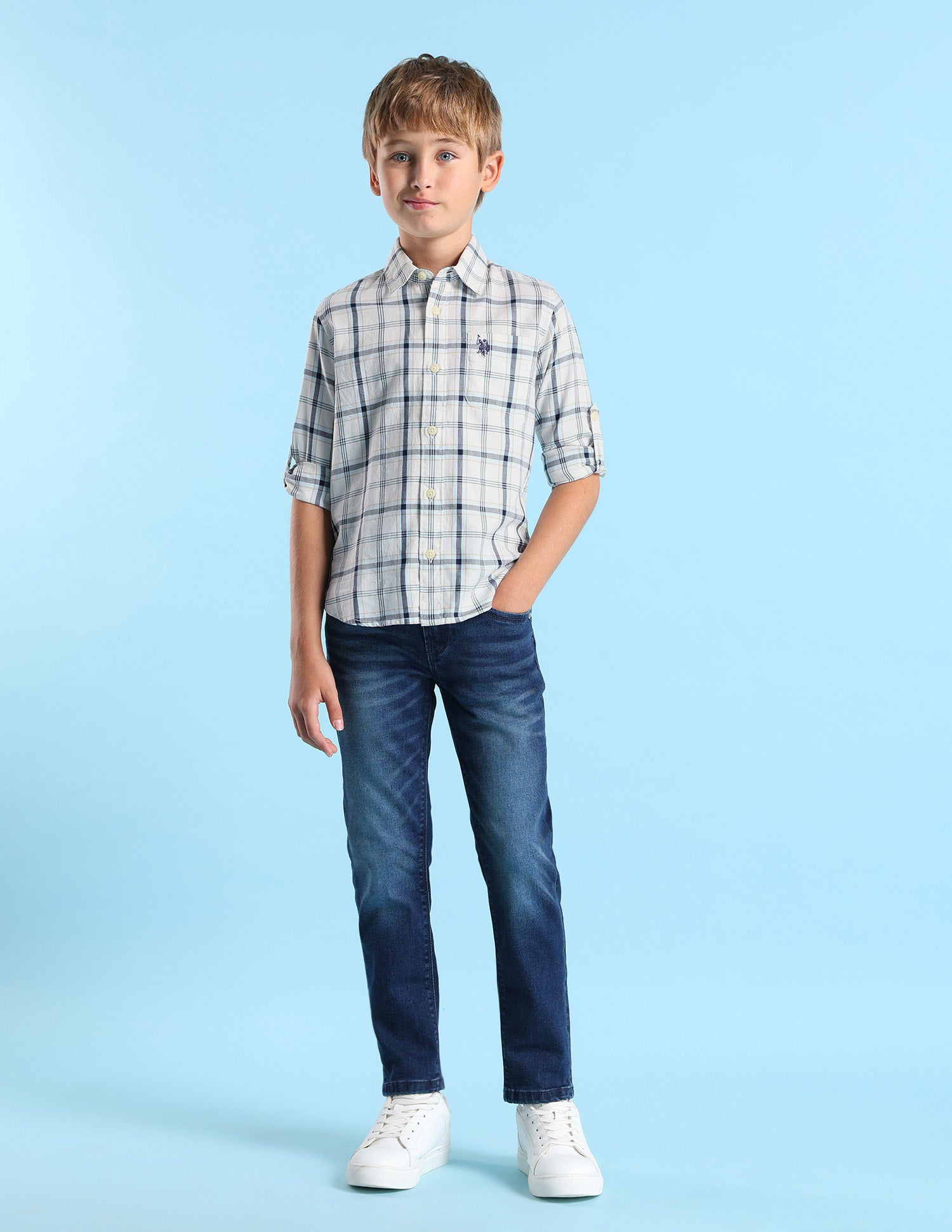 Boys Grid Tattersall Checked Regular Fit Shirt White - U.S. POLO ASSN. | Large