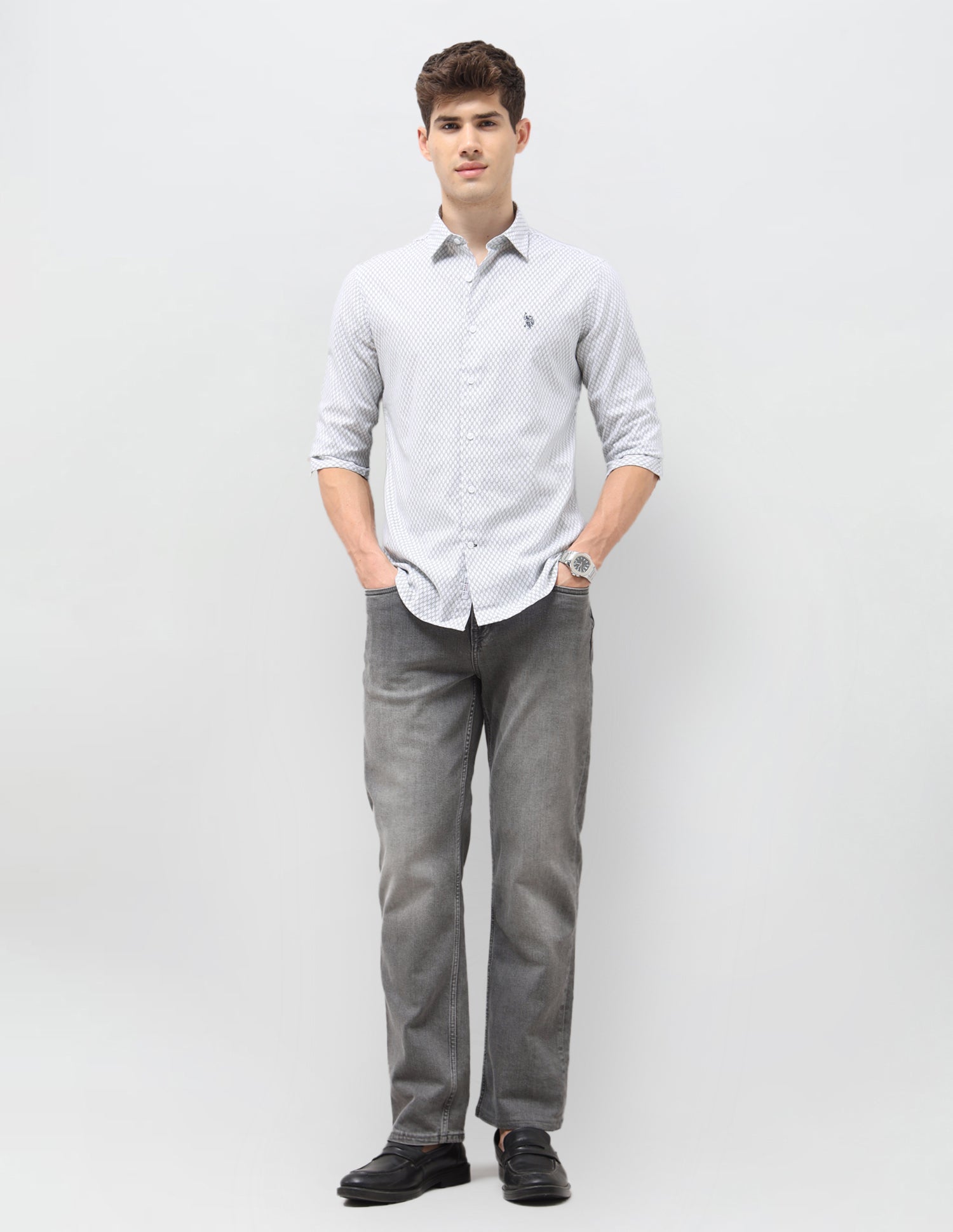 Tailored Fit Geometric Printed Shirt Light Grey - U.S. Polo Assn. India | Large