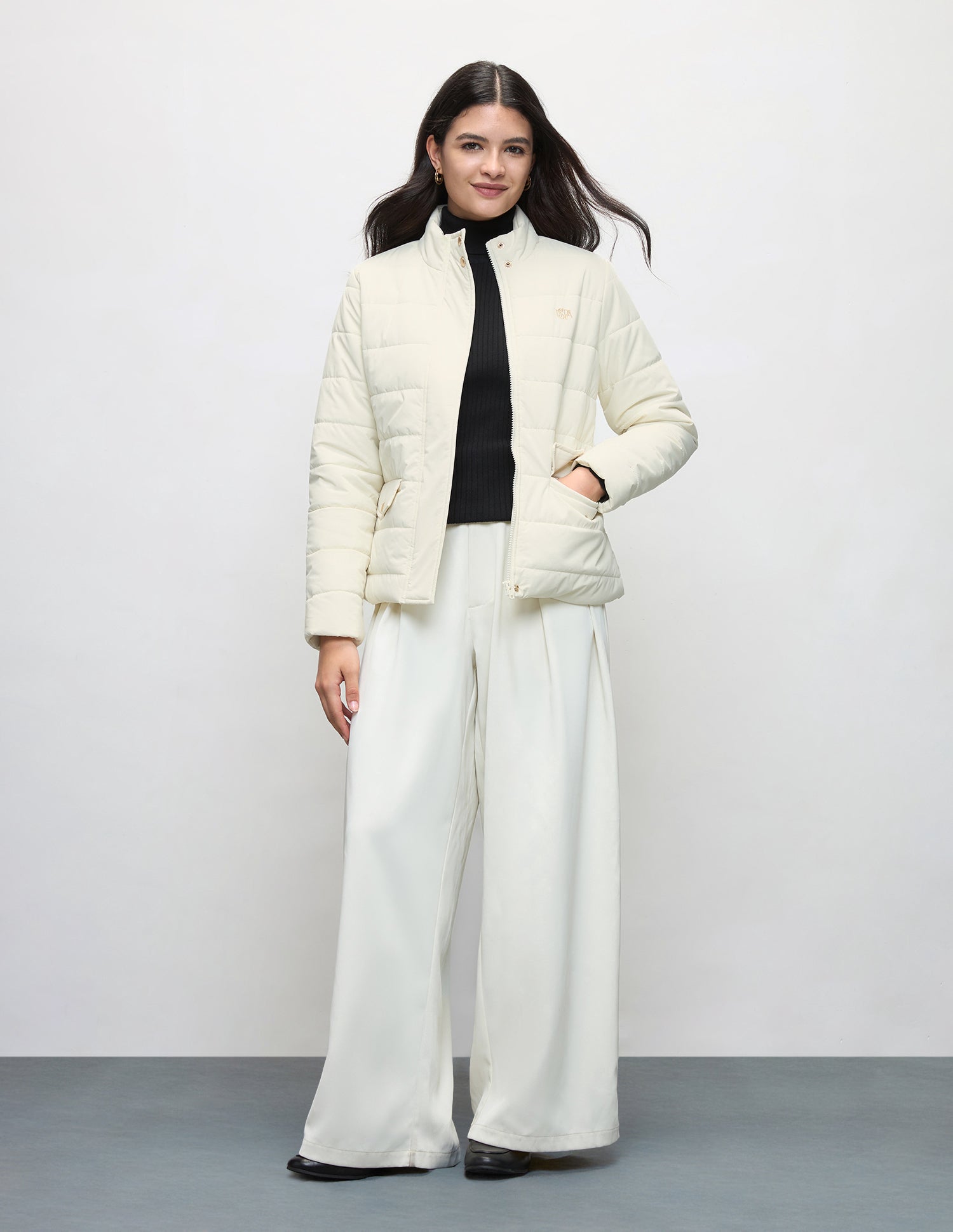 Solid Regular Fit Puffer Jacket Off-White - U.S. Polo Assn. India | Large
