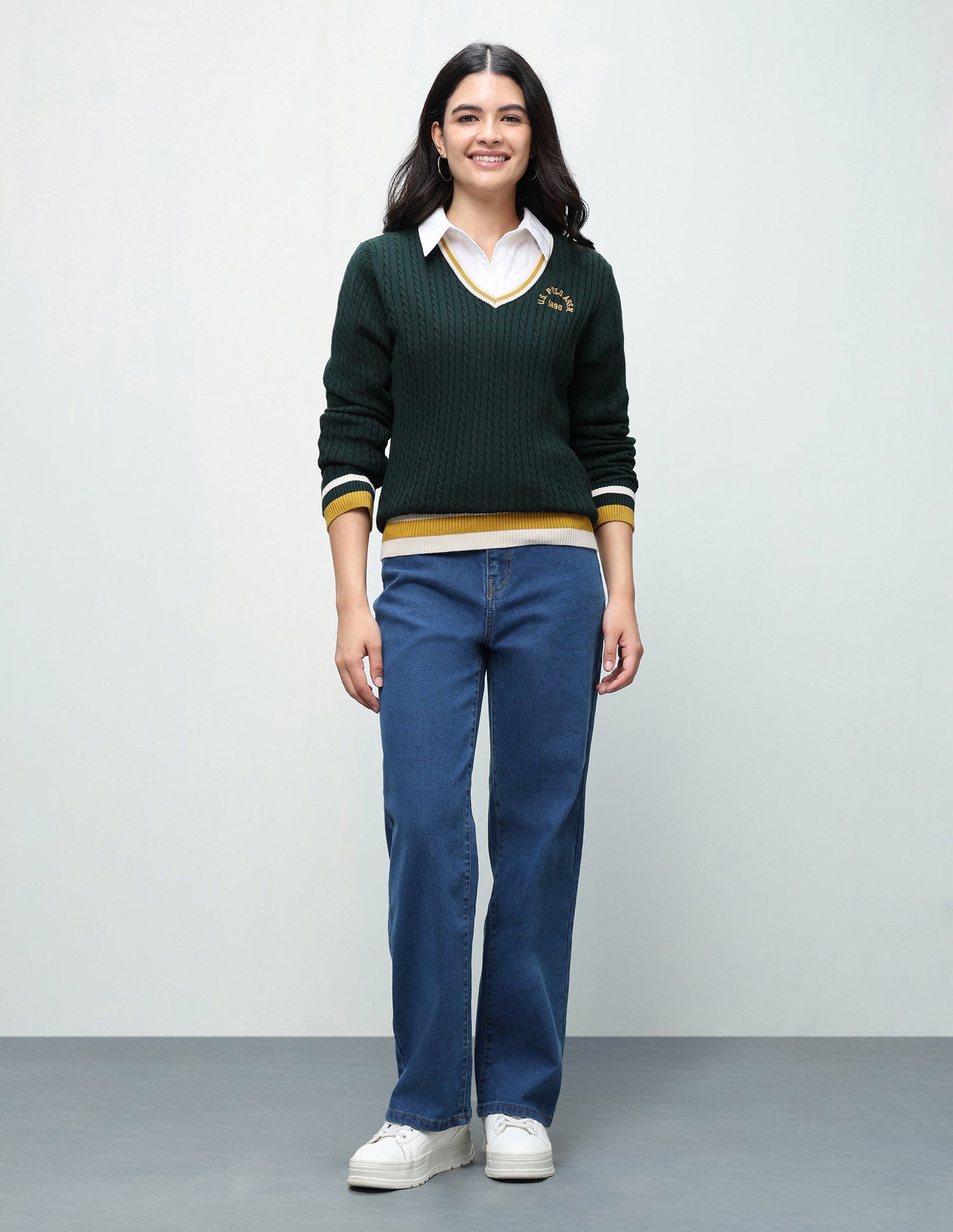 Cable Patterned Knit Regular Fit Sweater Dark Green - U.S. Polo Assn. India | Large