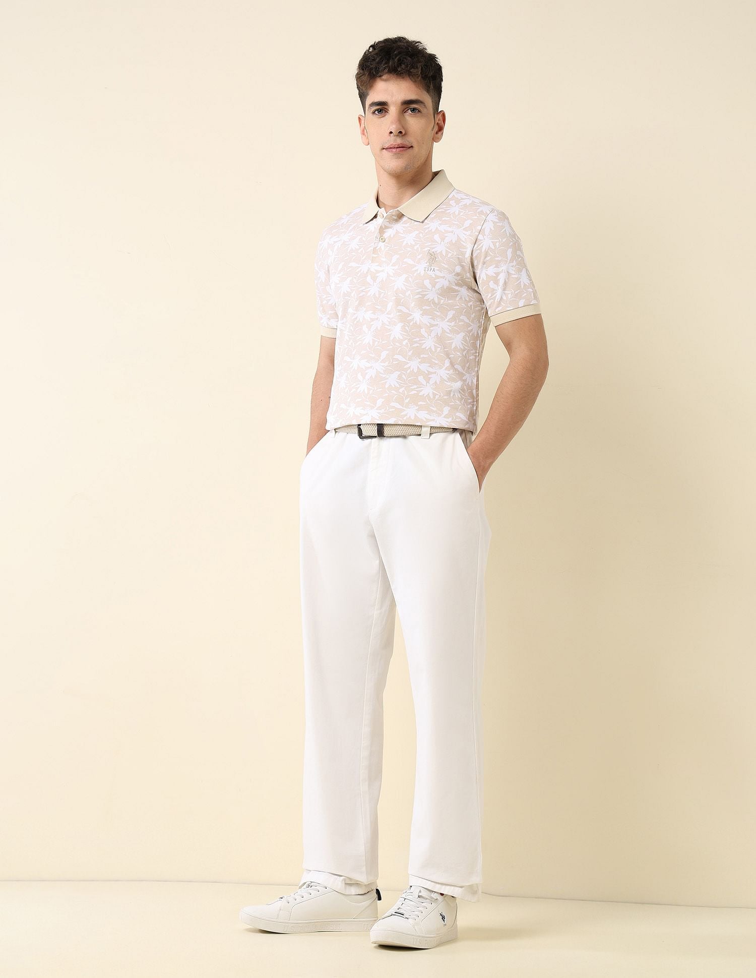 All-Over Printed Slim Fit Polo Shirt Beige - U.S. Polo Assn. India | Large