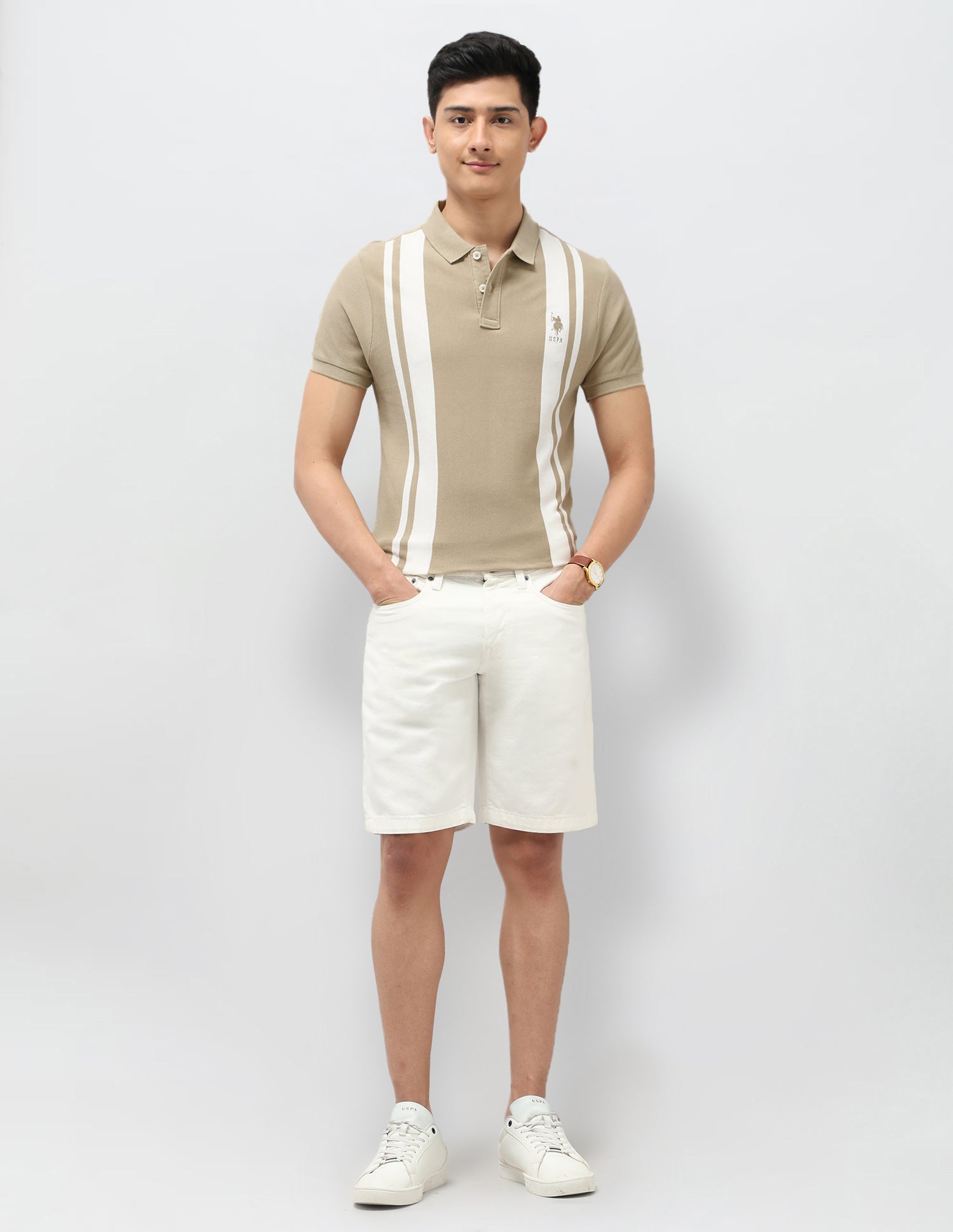 Vertical Striped Pure Cotton Polo Shirt Beige - U.S. Polo Assn. India | Large