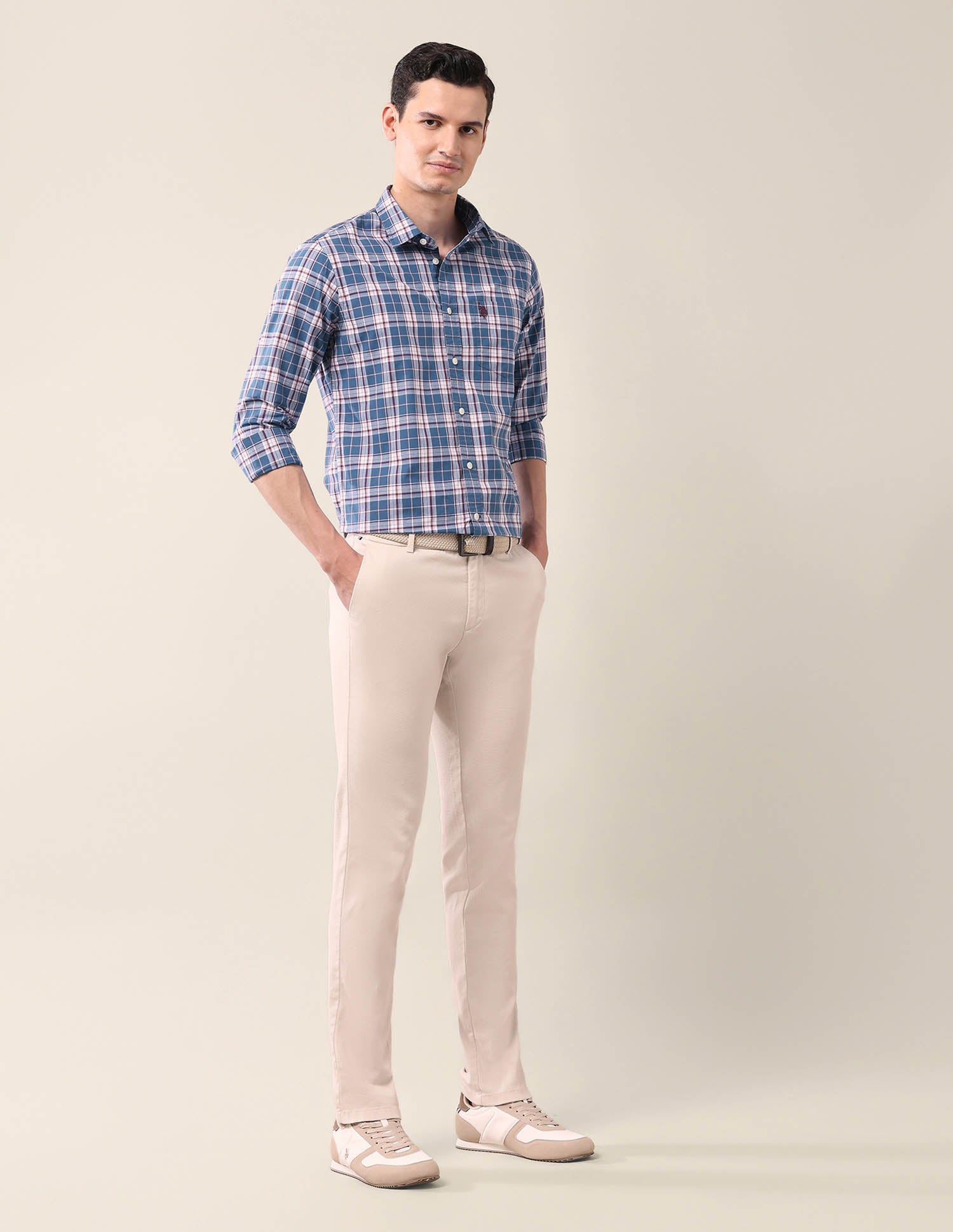 Grid Tattersall Checked Tailored Fit Shirt Medium Blue - U.S. Polo Assn. India | Large