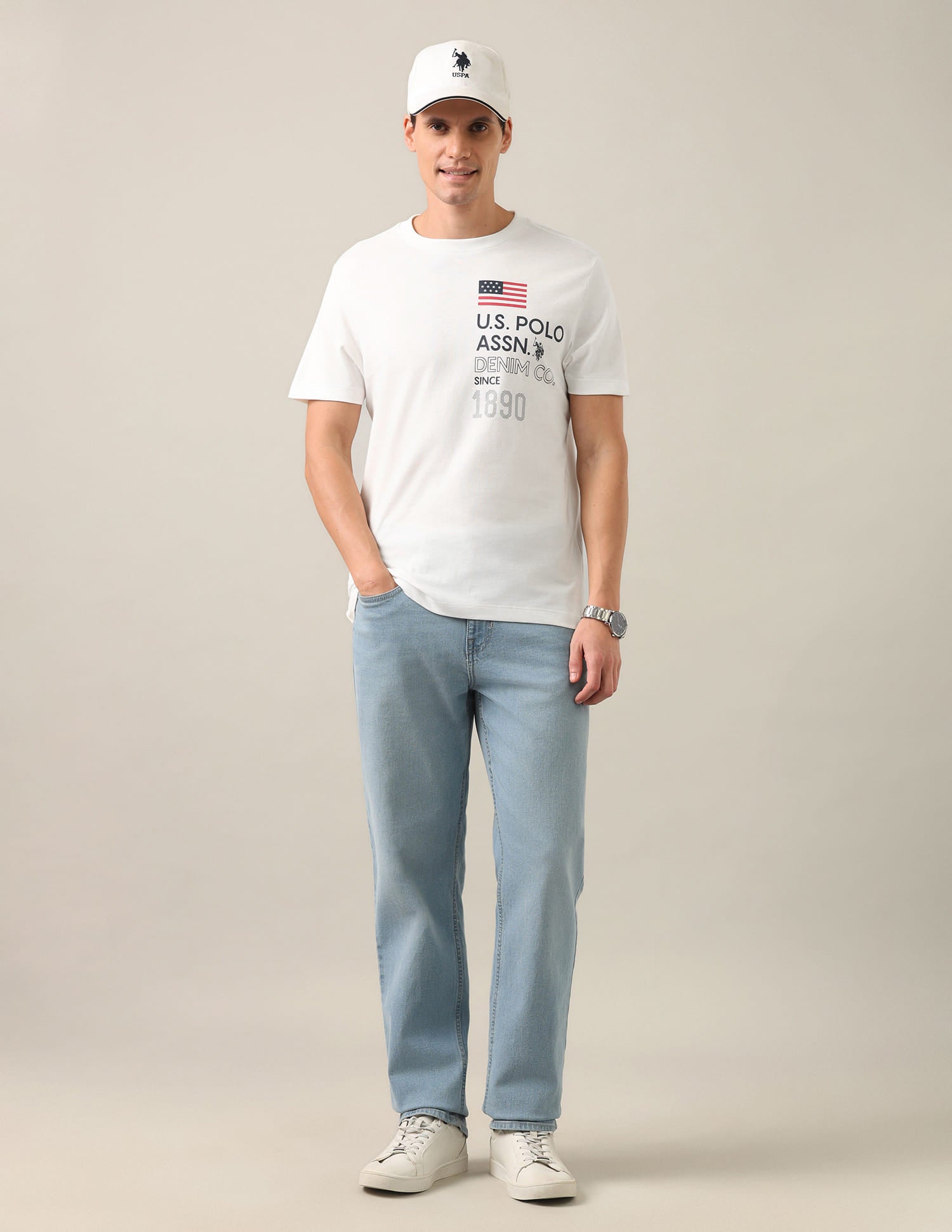 Typographic Brand Printed Regular Fit T-Shirt Ivory - U.S. Polo Assn. India | Large