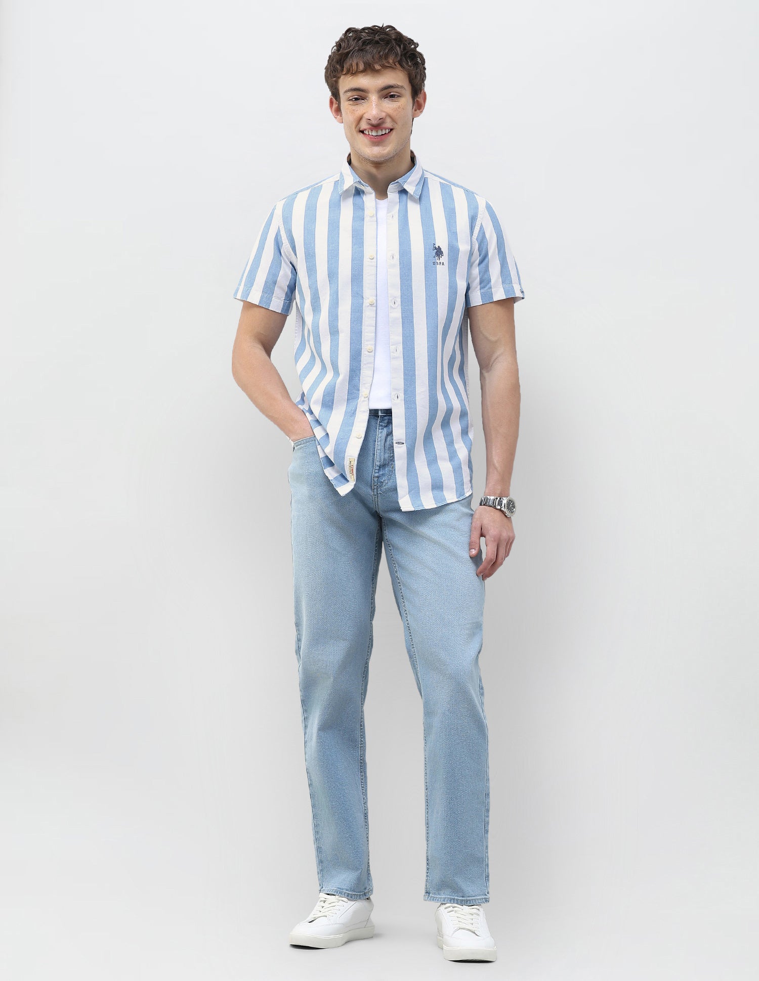 Vertical Striped Regular Fit Shirt Light Indigo - U.S. Polo Assn. India | Large
