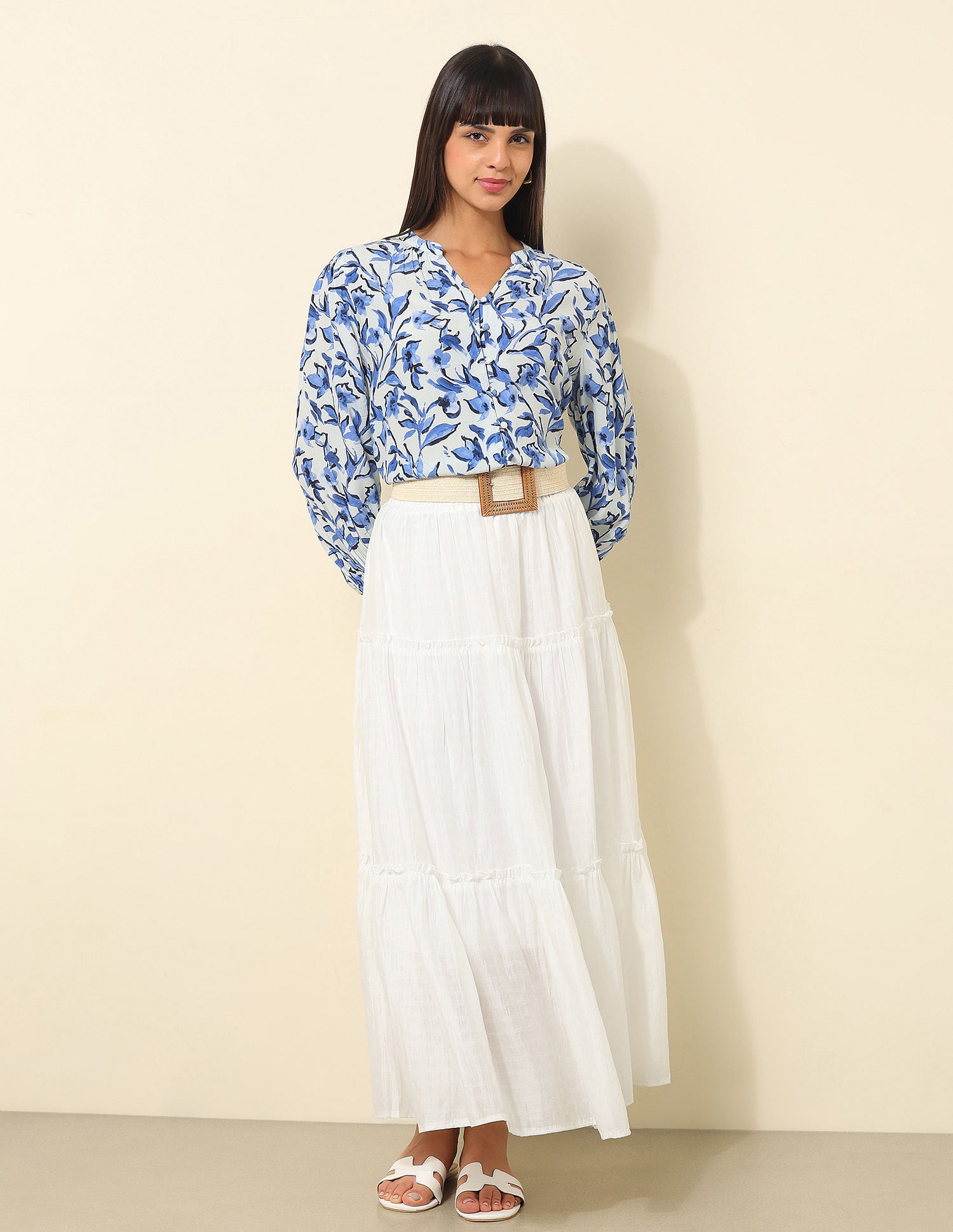 Mandrin Collar Shirt With Aop Off White - U.S. Polo Assn. India | Large