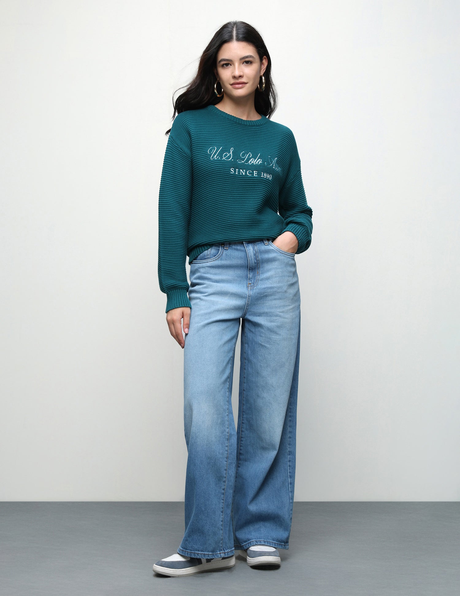 Brand Embroidered Regular Fit Sweater Teal - U.S. Polo Assn. India | Large