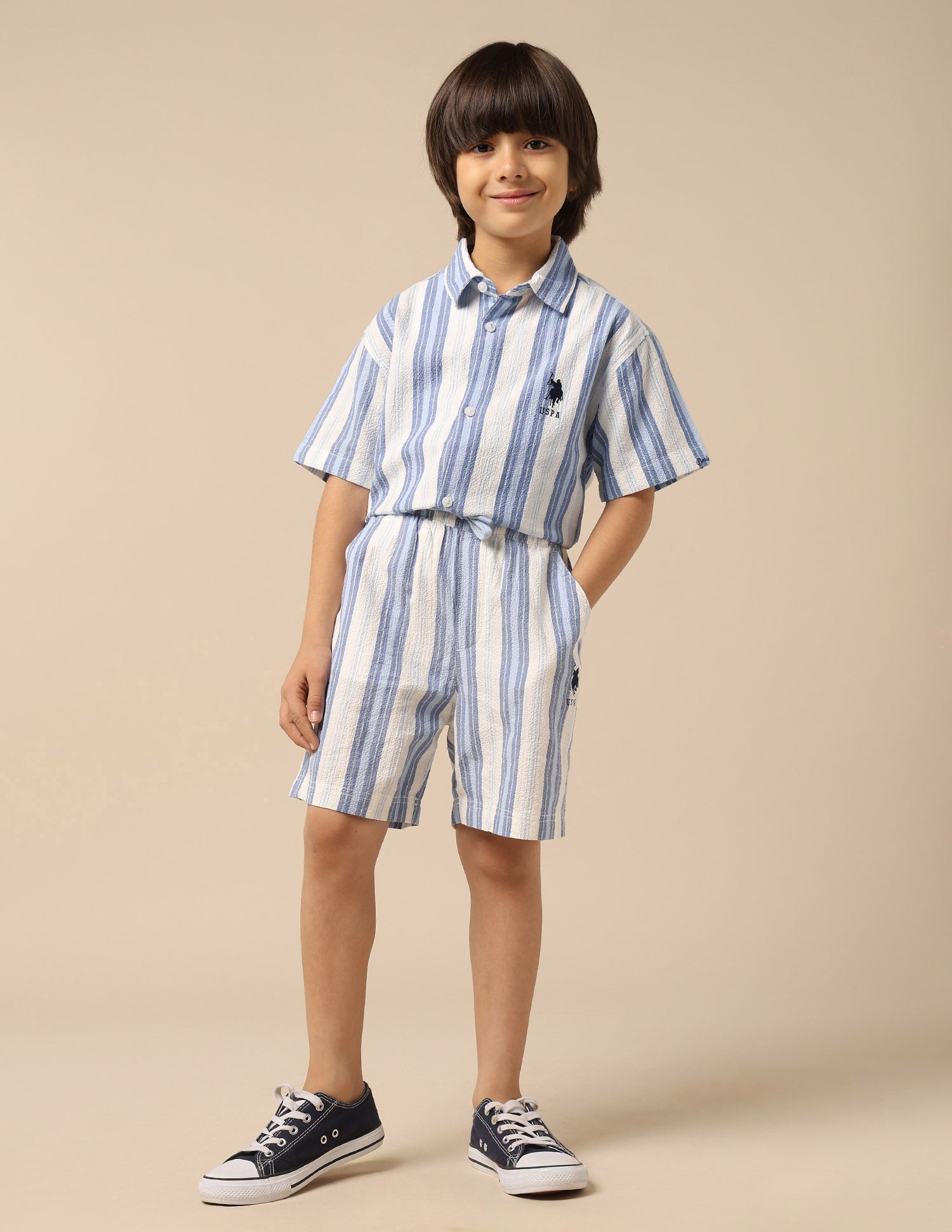 Boys Vertical Striped Seersucker Shirt Blue - U.S. Polo Assn. India | Large