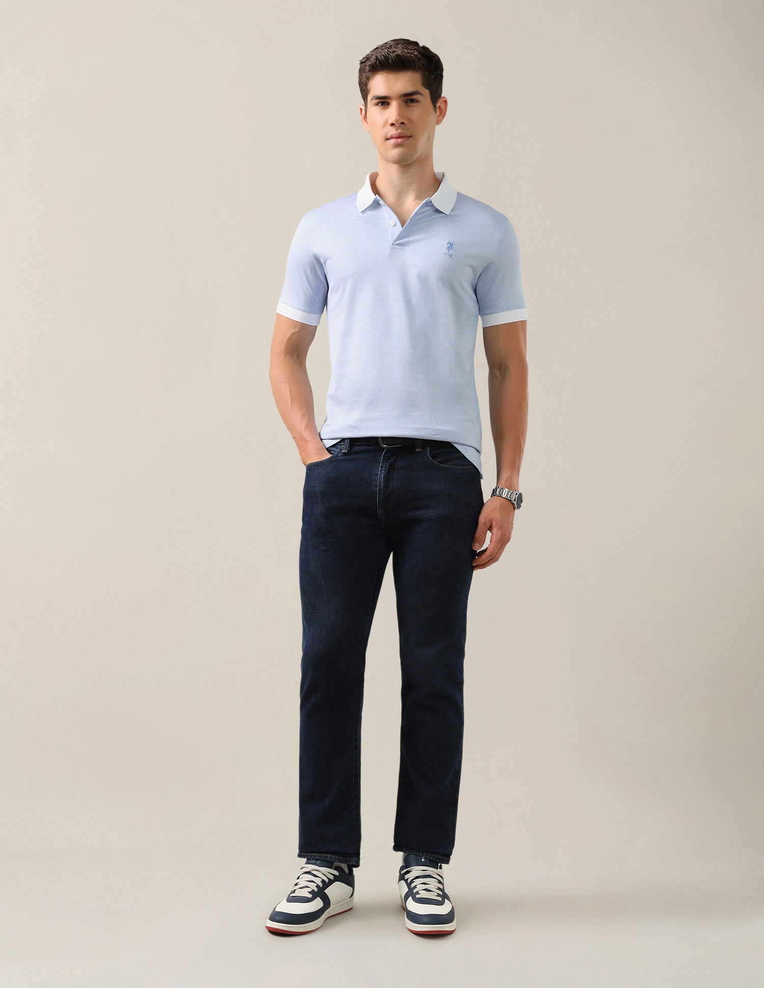 Textured Slim Fit Polo Shirt Blue - U.S. Polo Assn. India | Large