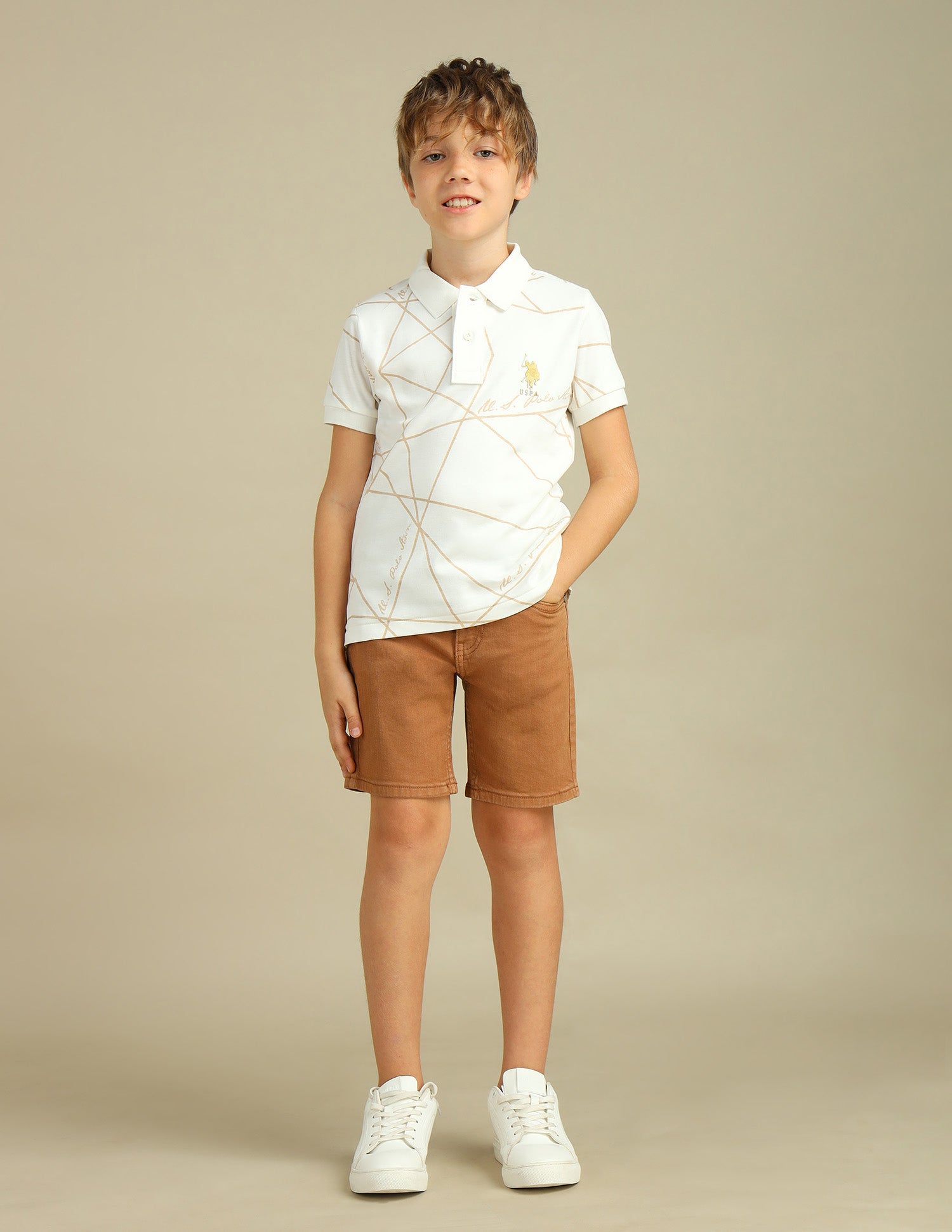 Boys Geometric Printed Regular Fit Polo Shirt Off White - U.S. POLO ASSN. | Large