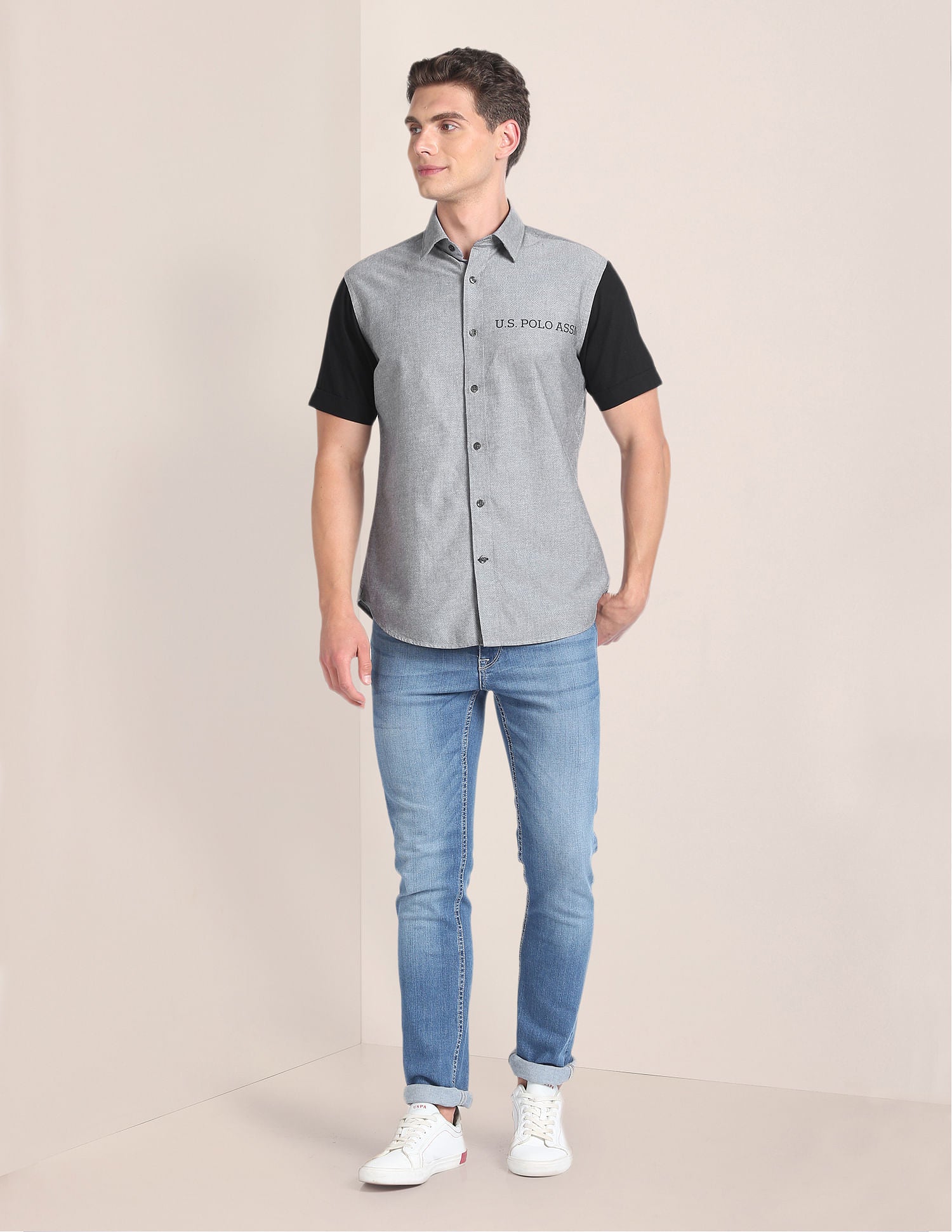 Colour Block Cotton Shirt Grey - U.S. POLO ASSN. | Large