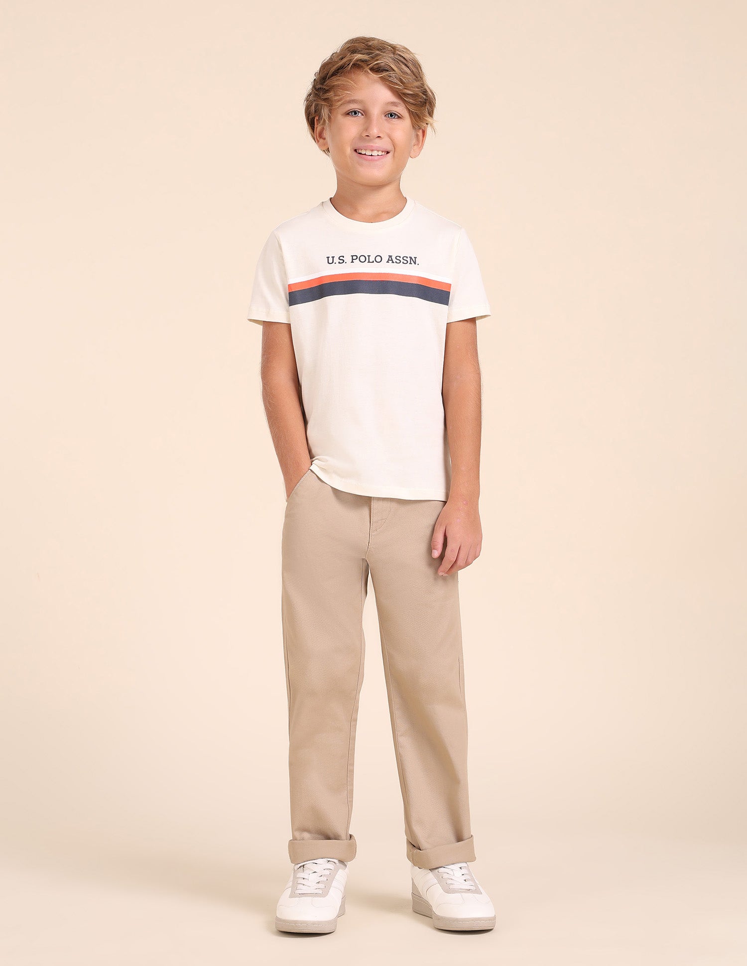 Boys Regular Fit Horizontal Striped T-Shirt Beige - U.S. POLO ASSN. | Large