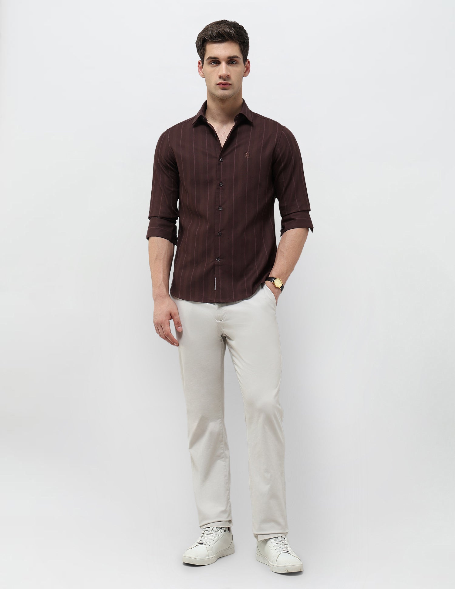 Textured With Vertical Striped Regular Fit Shirt Burgundy - U.S. POLO ASSN. | Large