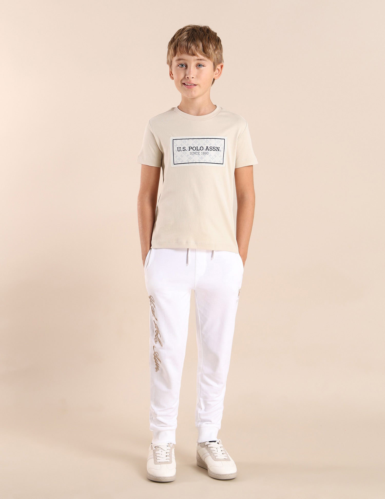 Boys Brand Printed Regular Fit T-Shirt Beige - U.S. POLO ASSN. | Large