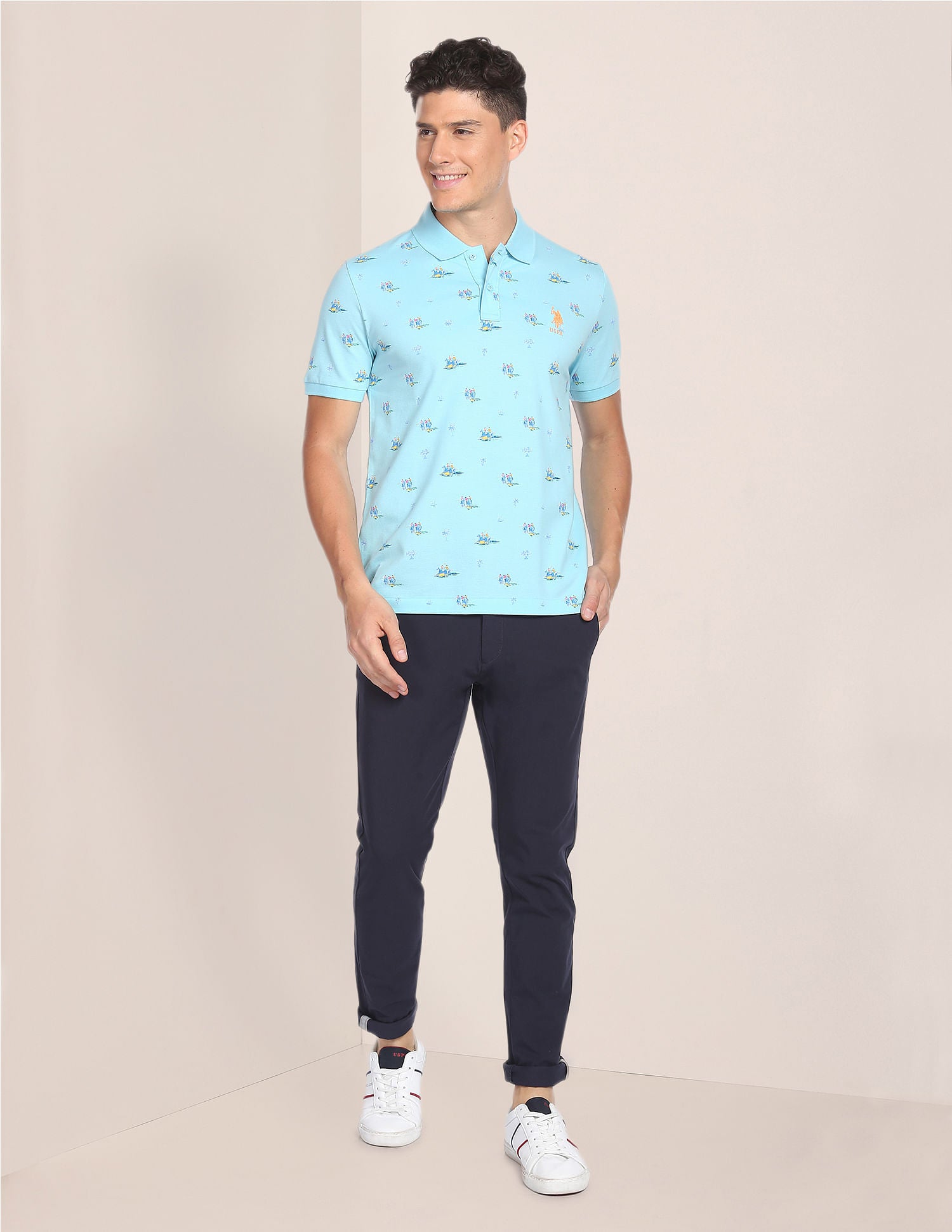 Brand Print Cotton Polo Shirt Aqua - U.S. POLO ASSN. | Large