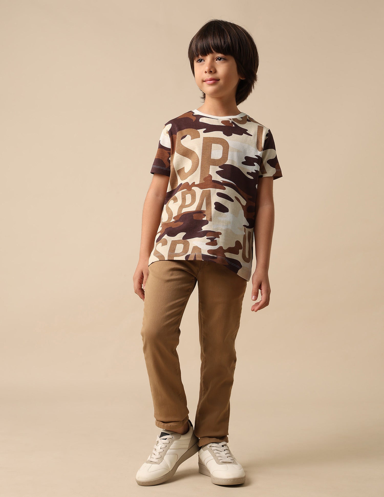 Boys Camouflage Printed Regular Fit T Shirt Ecru - U.S. POLO ASSN. | Large