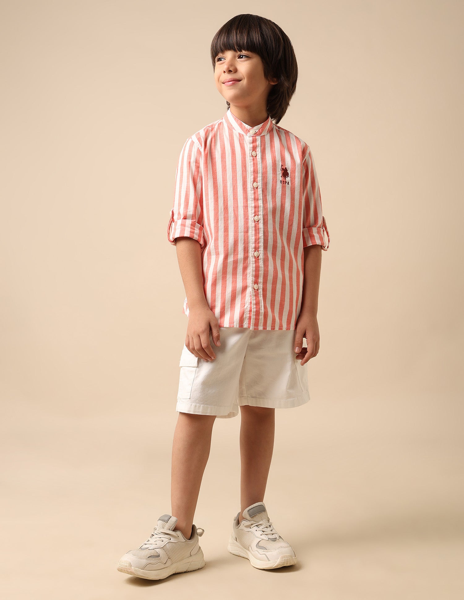 Boys Vertical Striped Mandarin Shirt Orange - U.S. POLO ASSN. | Large