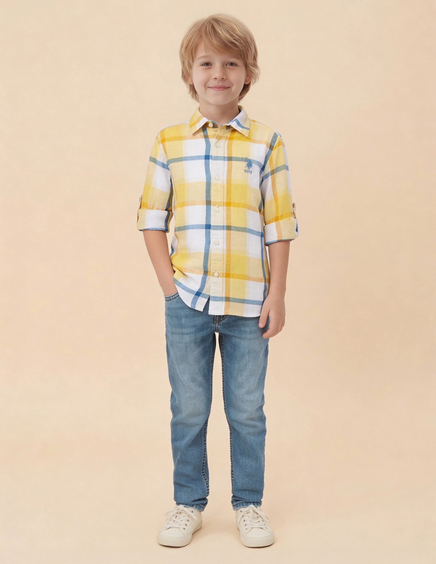 Boys Plaid Checked Dobby Shirt Yellow - U.S. Polo Assn. India | Large
