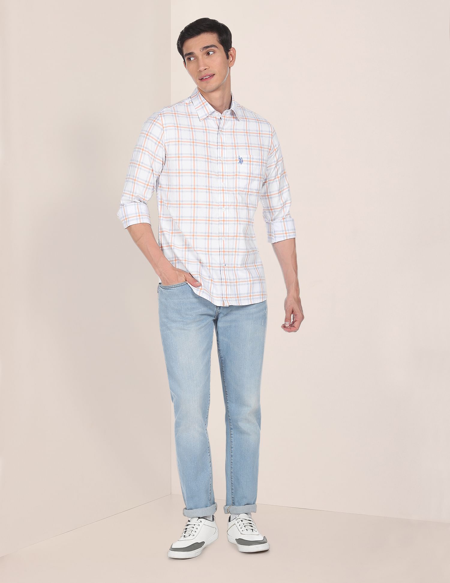 Men White Tailored Fit Check Casual Shirt White - U.S. Polo Assn. India | Large