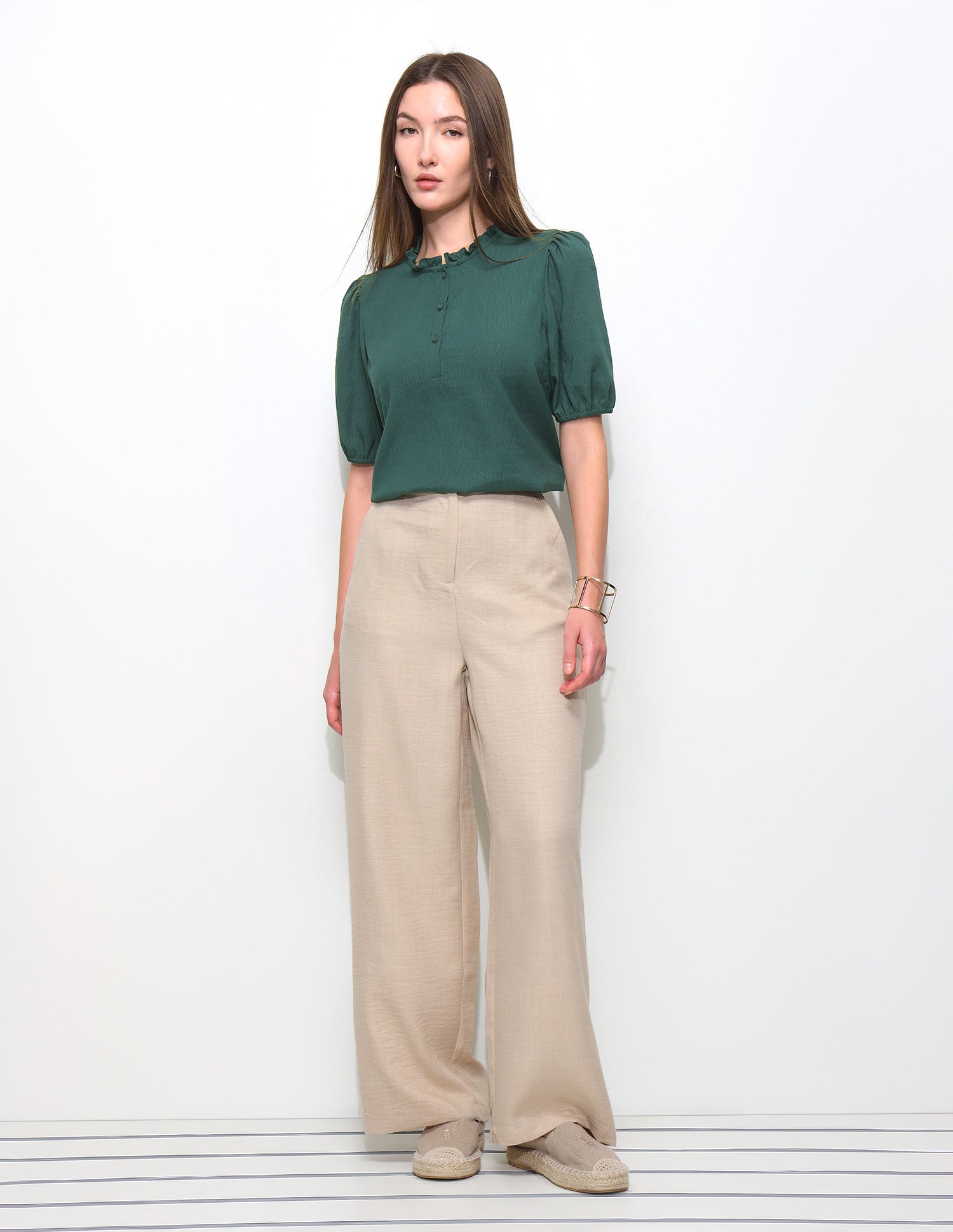 Solid Ruffle Neck Puff Sleeve Top Dark Green - U.S. Polo Assn. India | Large