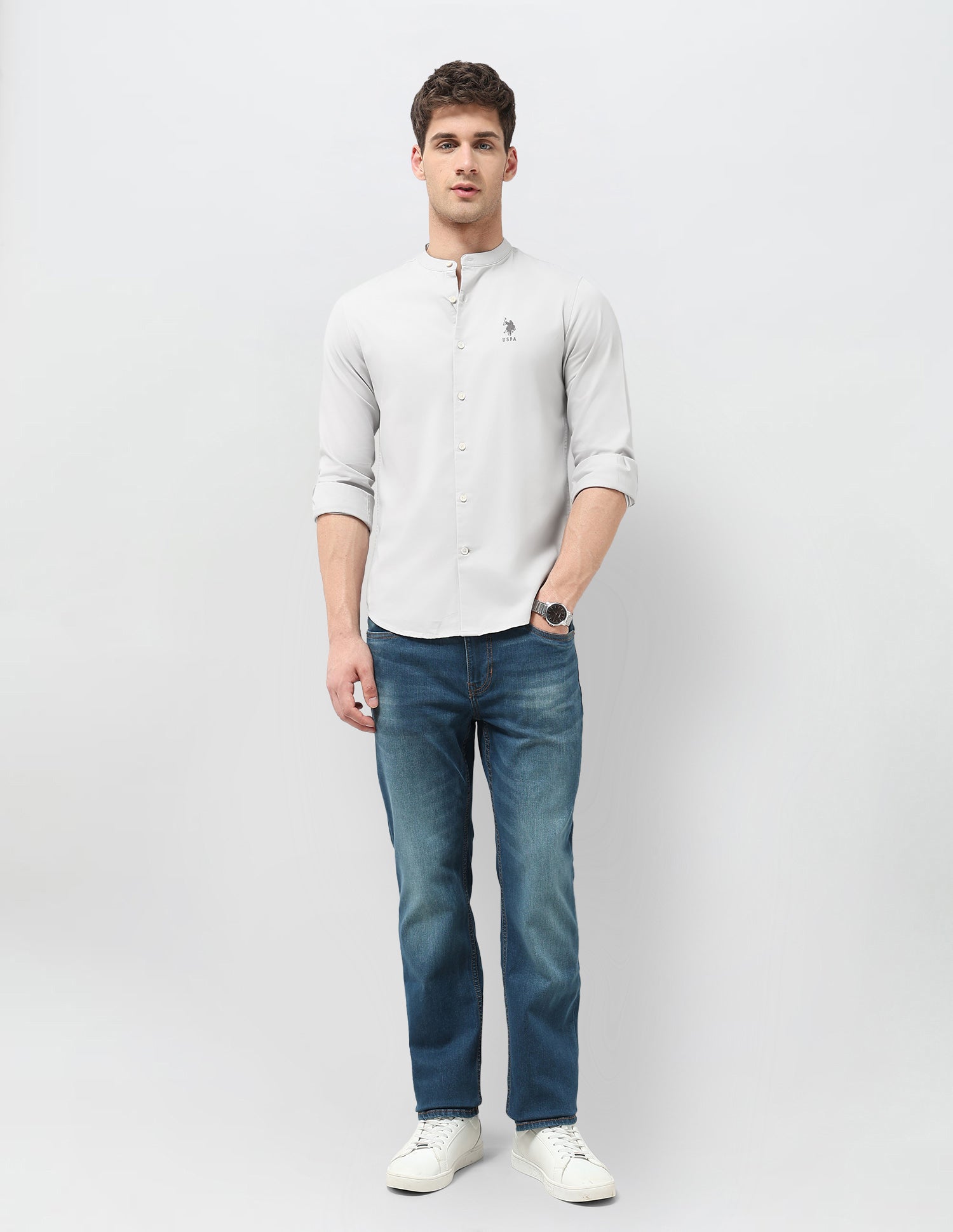 Solid Regular Fit Mandarin Shirt Grey - U.S. Polo Assn. India | Large