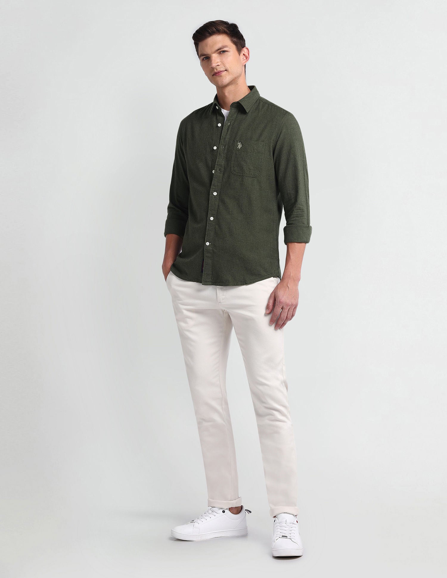 Semi Cutaway Collar Slim Fit Shirt Olive - U.S. Polo Assn. India | Large