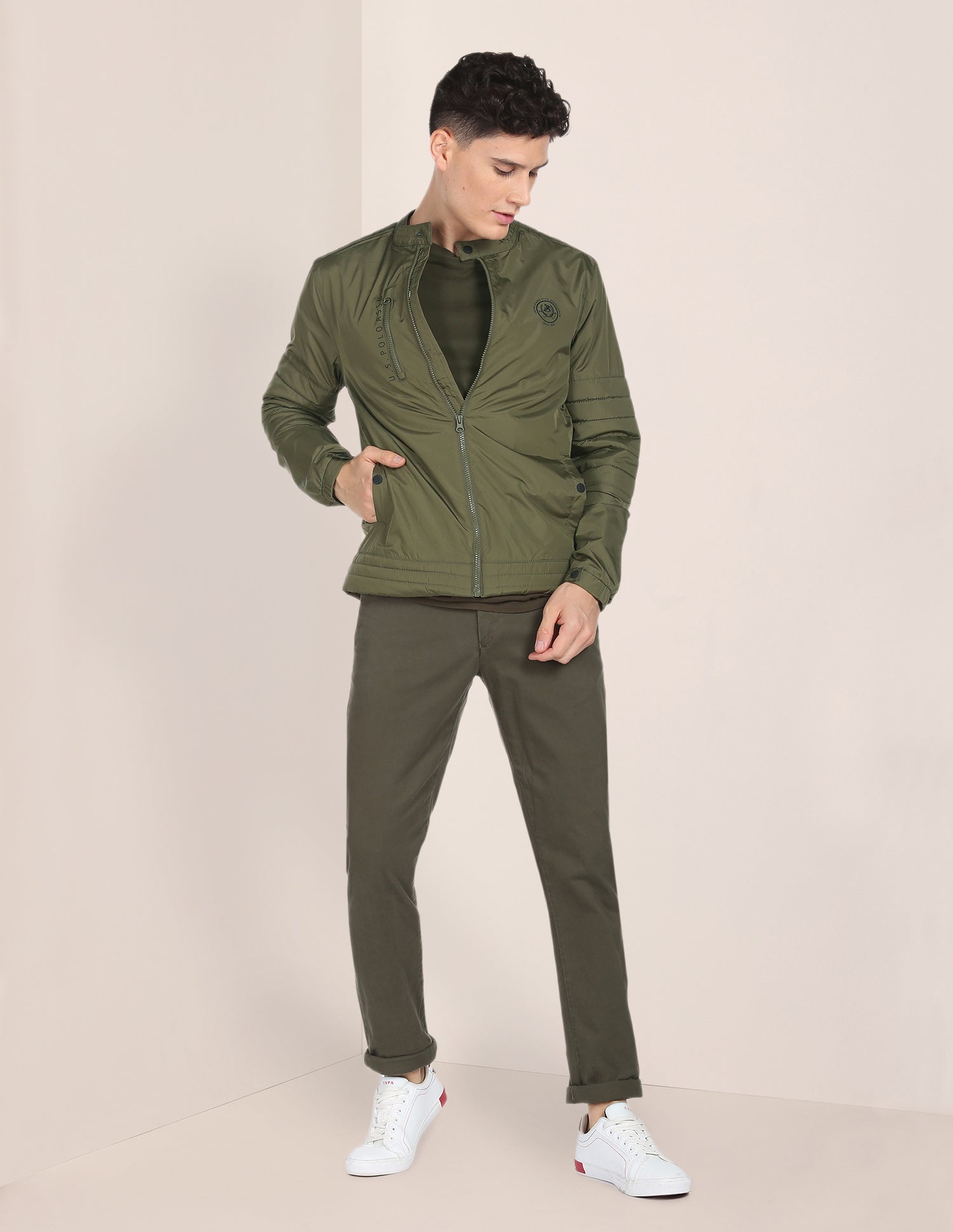 Stand Collar Windcheater Jacket Olive - U.S. Polo Assn. India | Large