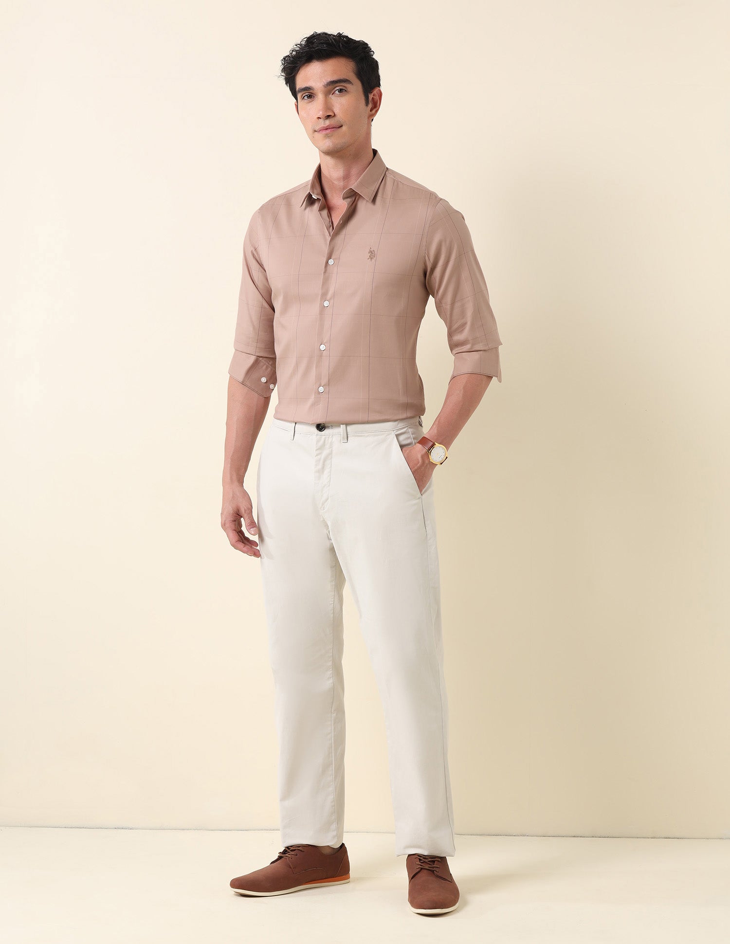 Windowpane Checked Tailored Fit Shirt Peach - U.S. Polo Assn. India | Large