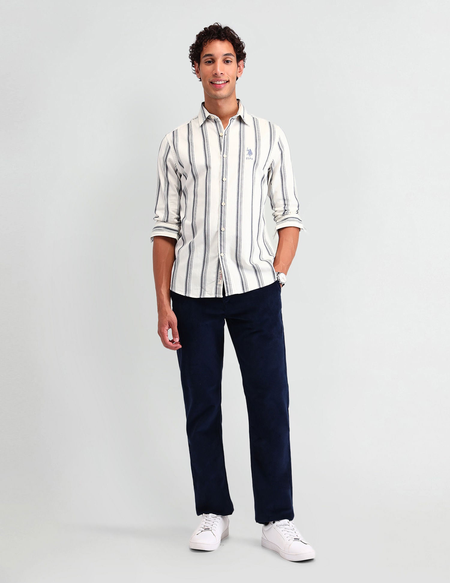 Manhattan Slim Fit Striped Shirt Ivory - U.S. Polo Assn. India | Large