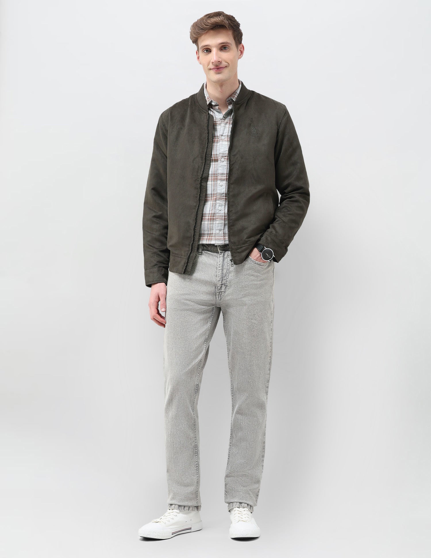 Solid Regular Fit Bomber Jacket Dark Olive - U.S. Polo Assn. India | Large