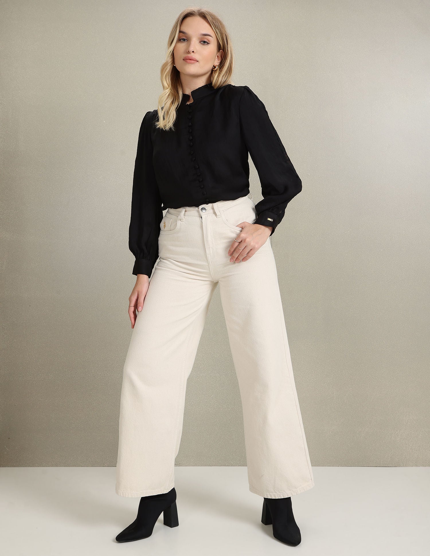 Lace Detail Solid Shirt Black - U.S. POLO ASSN. | Large