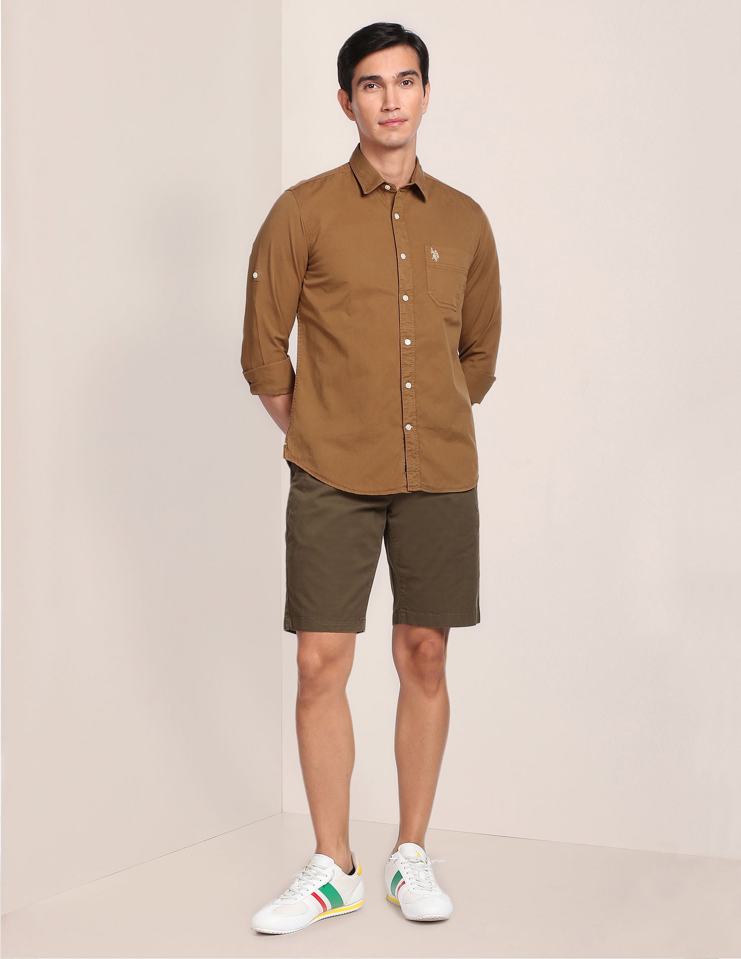 Solid Twill Convertible Sleeve Casual Shirt Brown - U.S. POLO ASSN. | Large