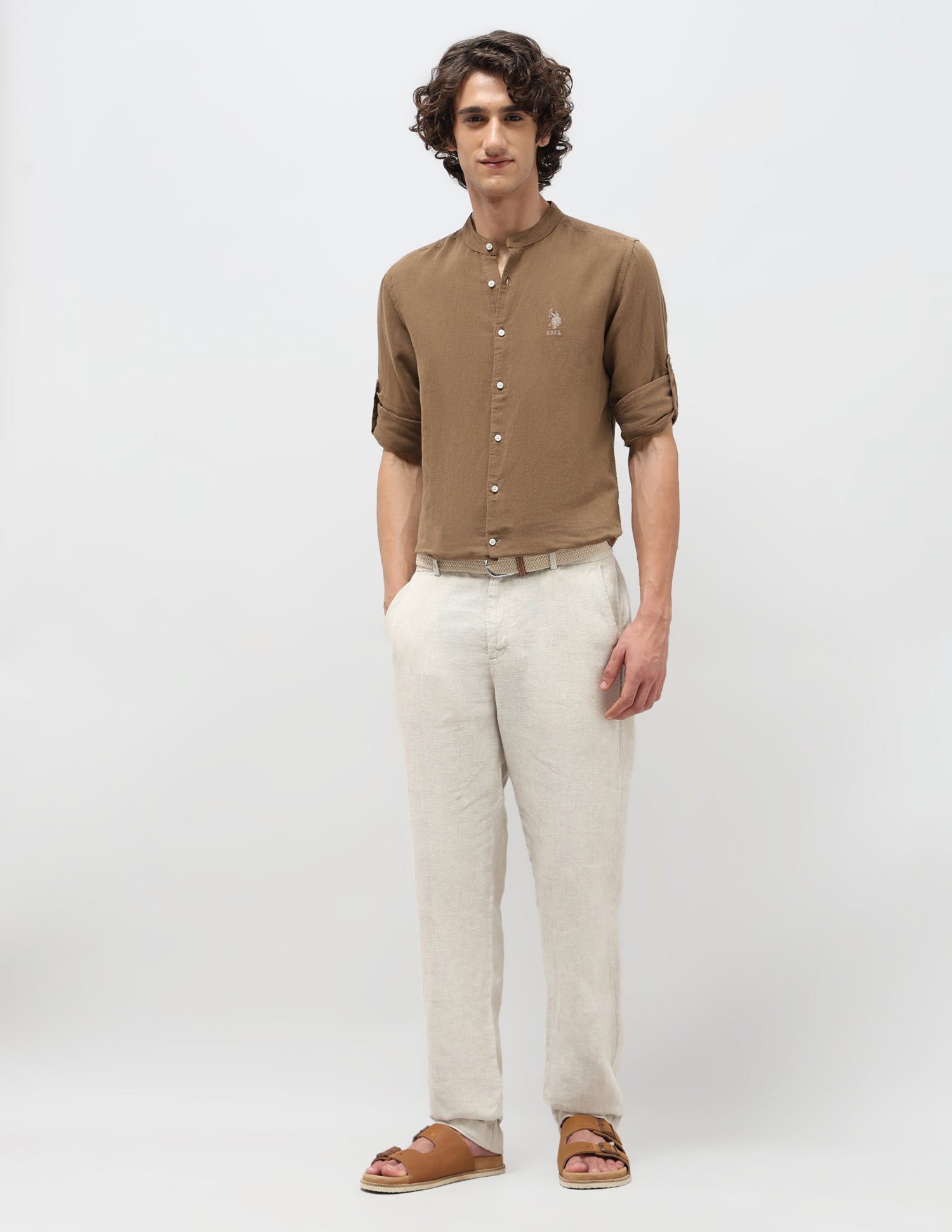 Solid Regular Fit Mandarin Shirt Khaki - U.S. POLO ASSN. | Large