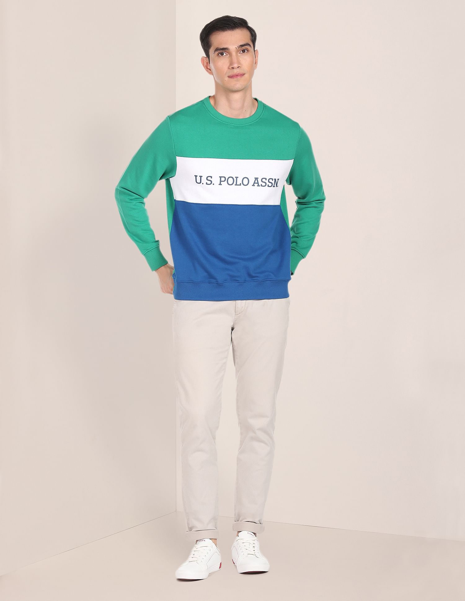 Crew Neck Colour Block Sweatshirt Green - U.S. POLO ASSN. | Large