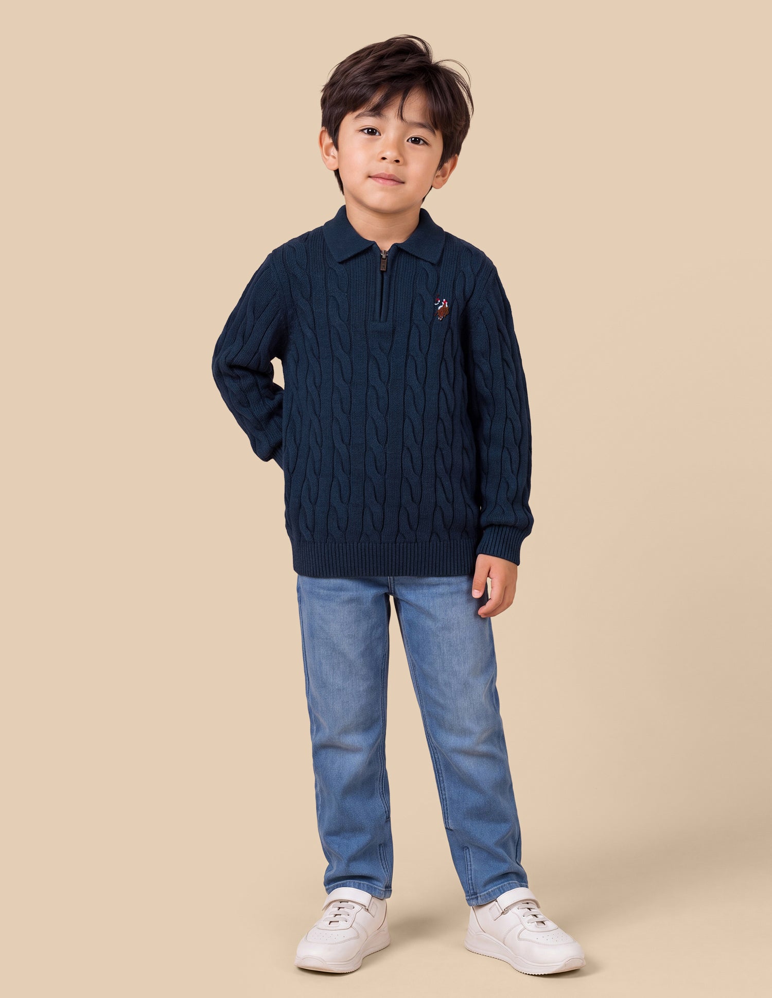 Cable Patterned Knit Regular Fit Sweater Grey Melang - U.S. Polo Assn. India | Large