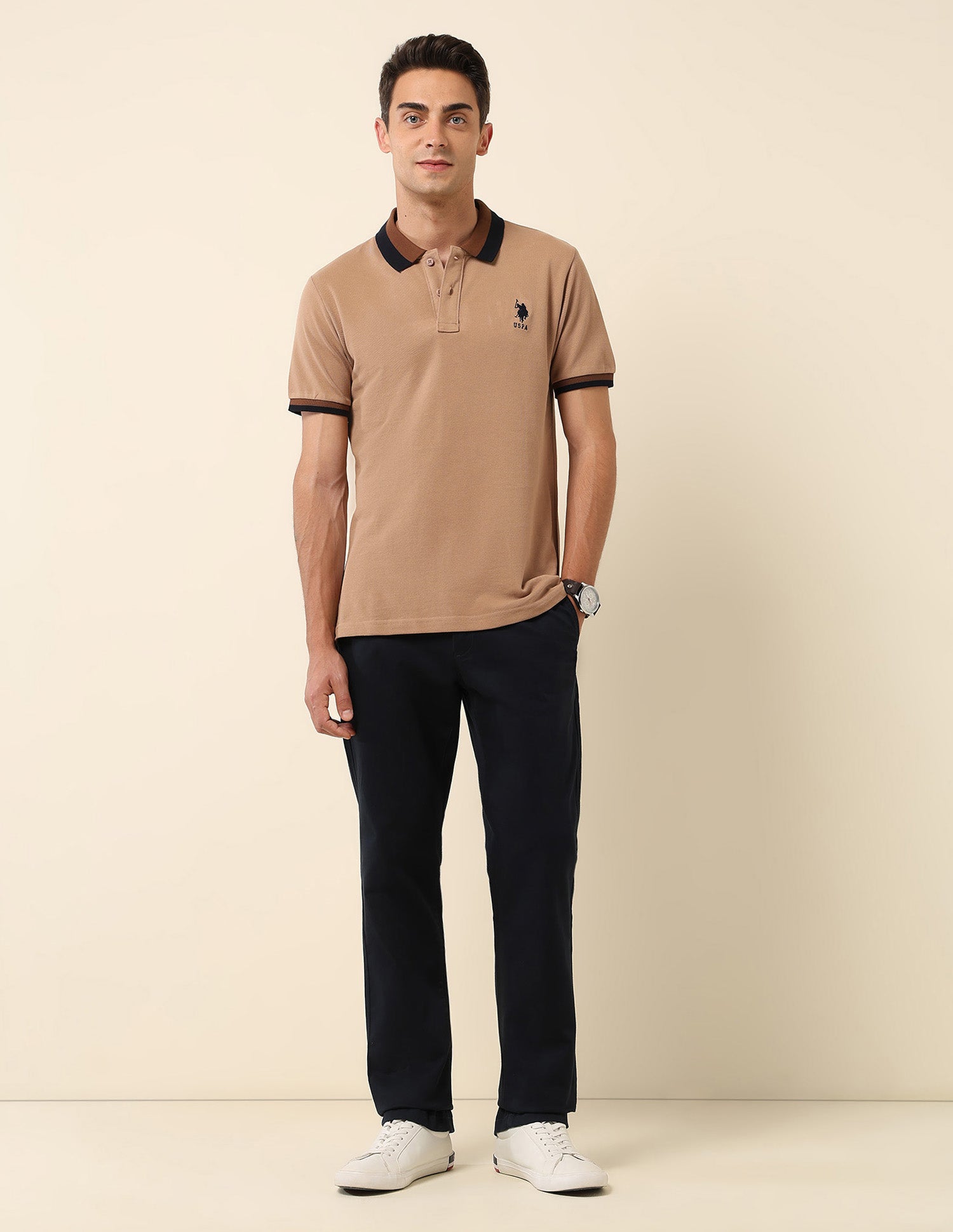 Solid Slim Fit Polo Shirt Beige - U.S. Polo Assn. India | Large