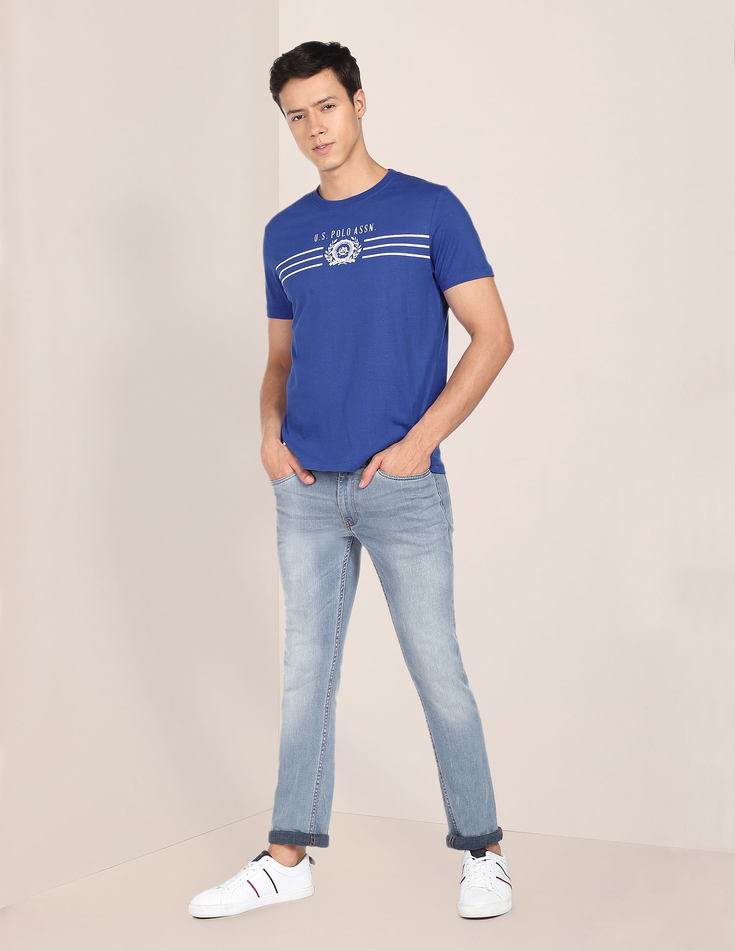 Crew Neck Brand Print Cotton T-Shirt Blue - U.S. Polo Assn. India | Large