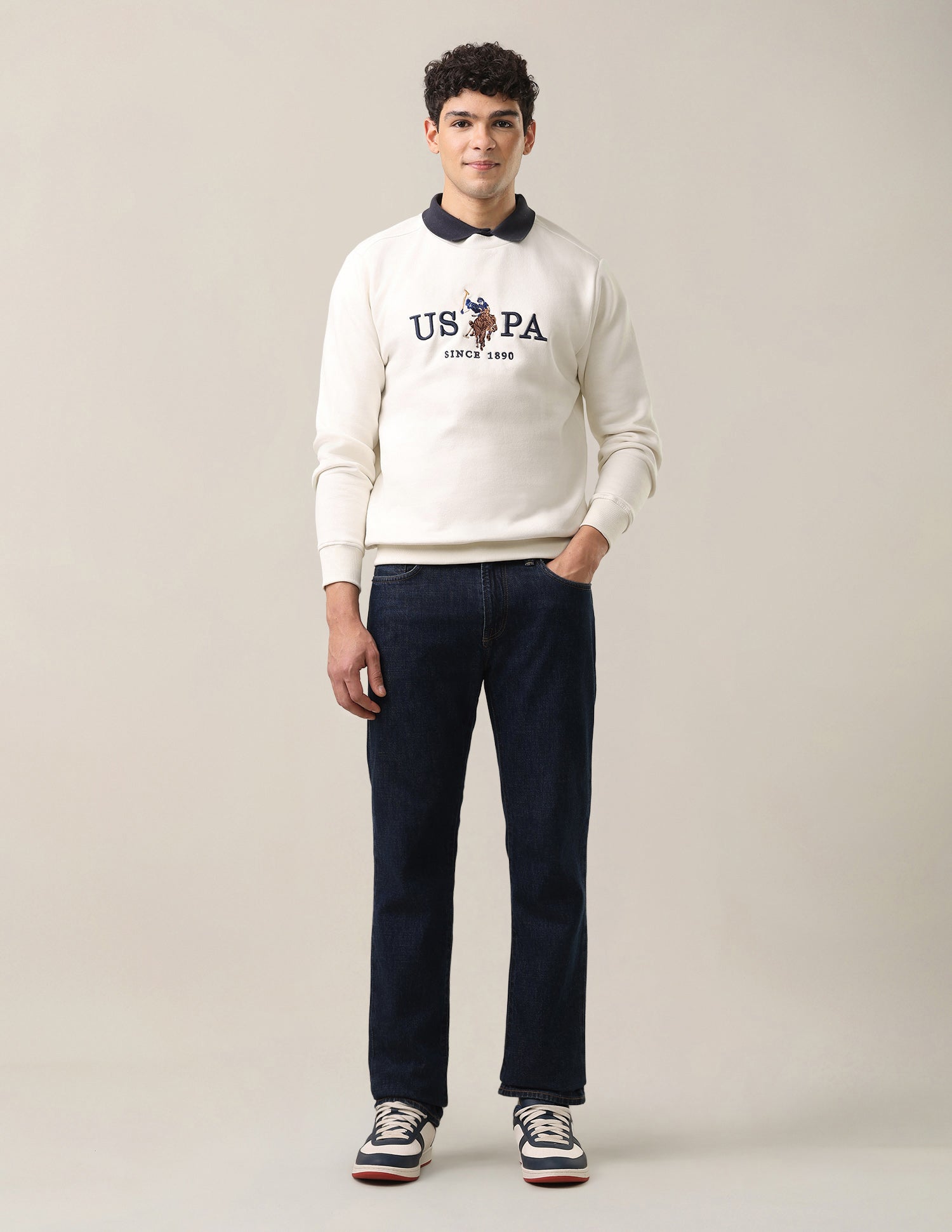 Brand Embroidered Slim Fit Sweatshirt Off White - U.S. Polo Assn. India | Large